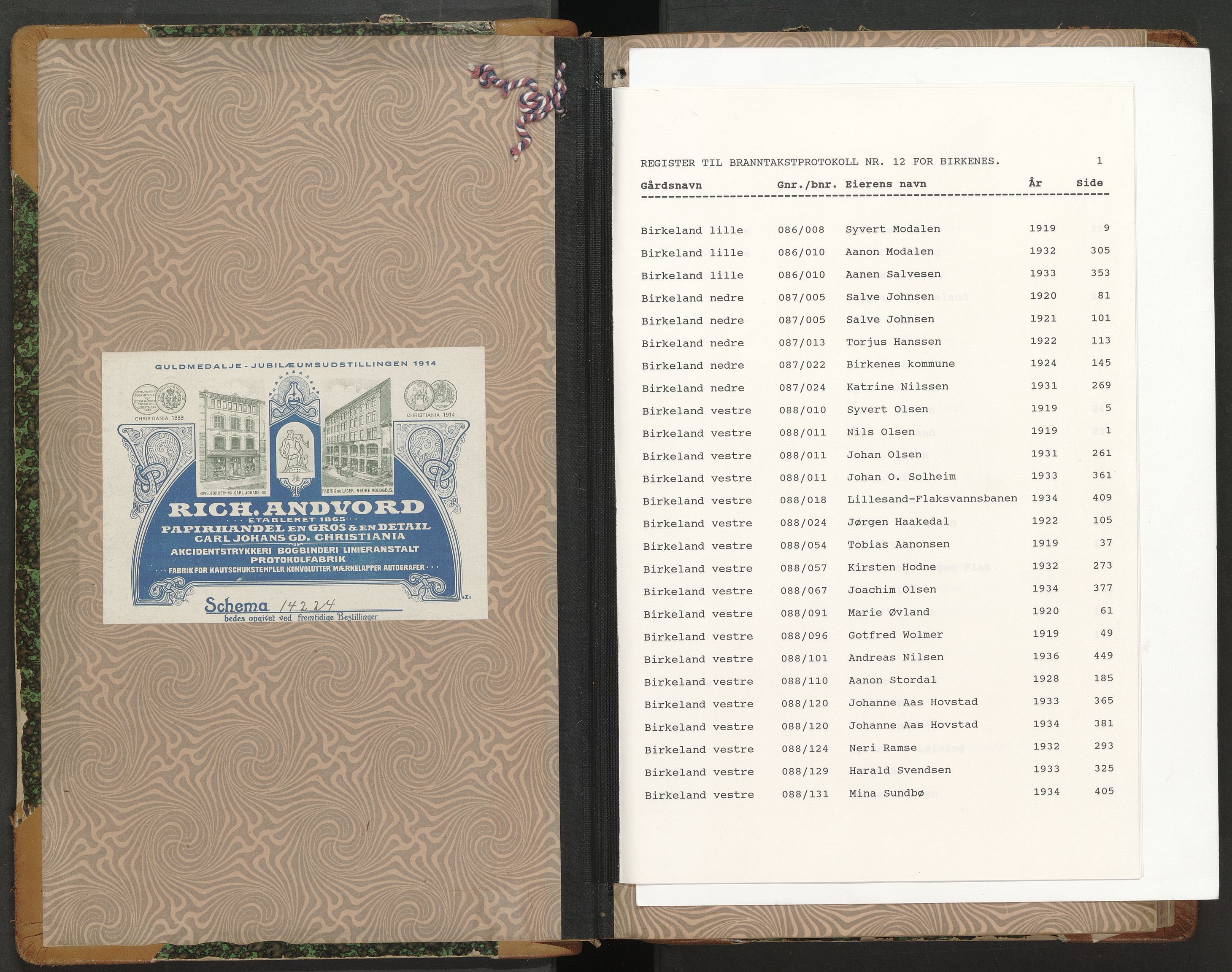 Norges Brannkasse Birkenes, AV/SAK-2241-0005/F/Fa/L0012: Branntakstprotokoll nr. 12 med gårdsnavnregister, 1919-1937