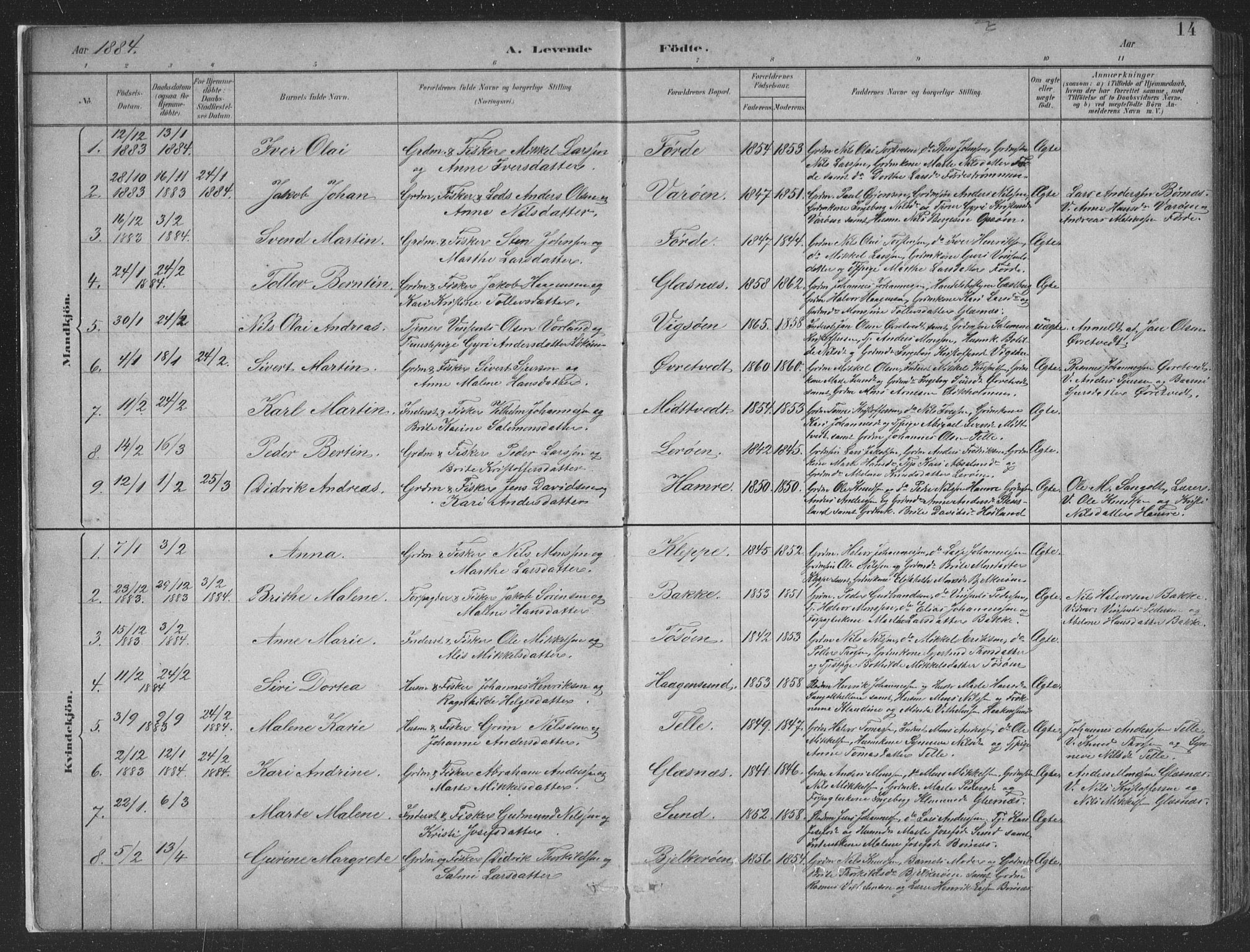 Sund sokneprestembete, AV/SAB-A-99930: Klokkerbok nr. B 3, 1882-1911, s. 14