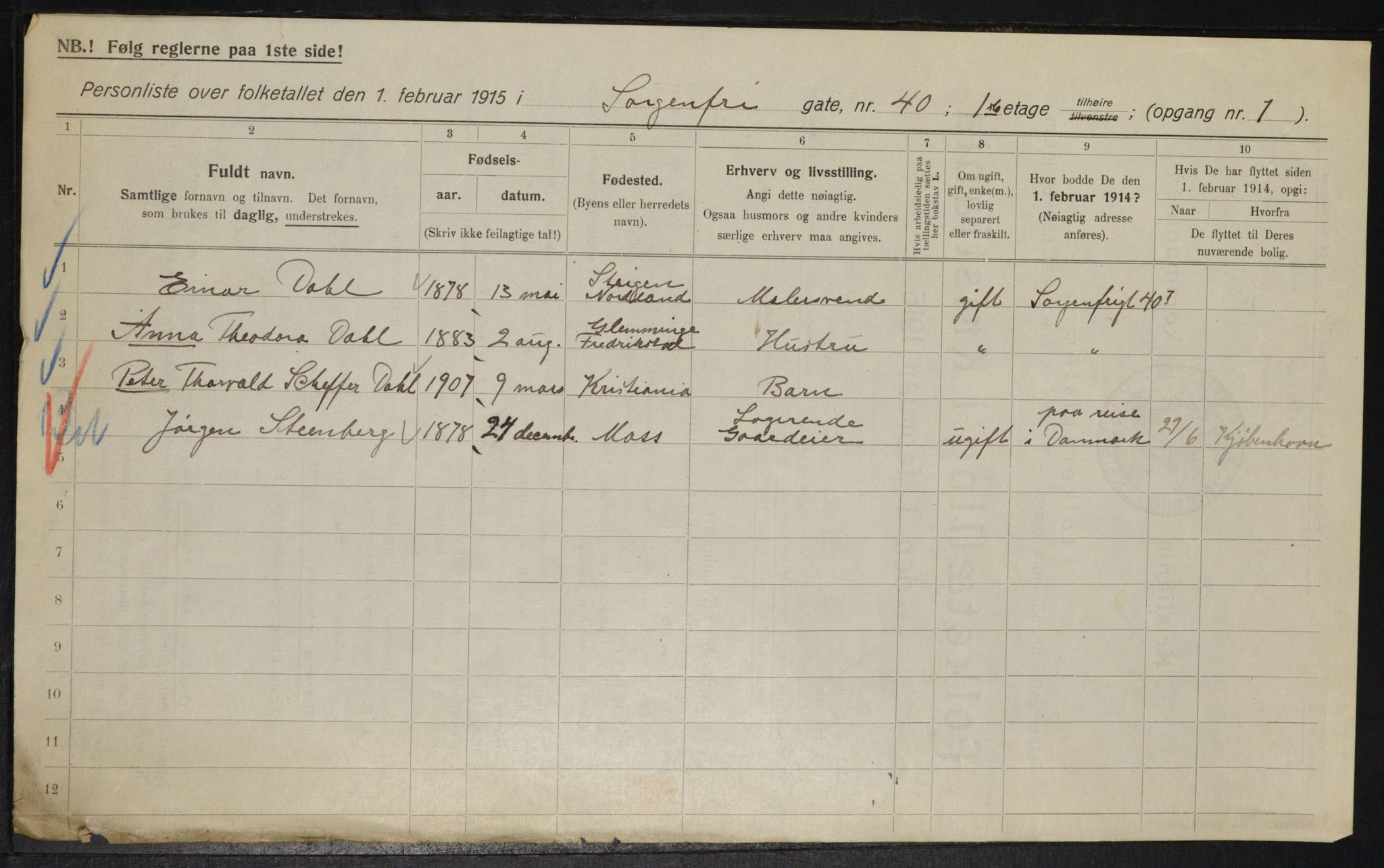 OBA, Kommunal folketelling 1.2.1915 for Kristiania, 1915, s. 100322