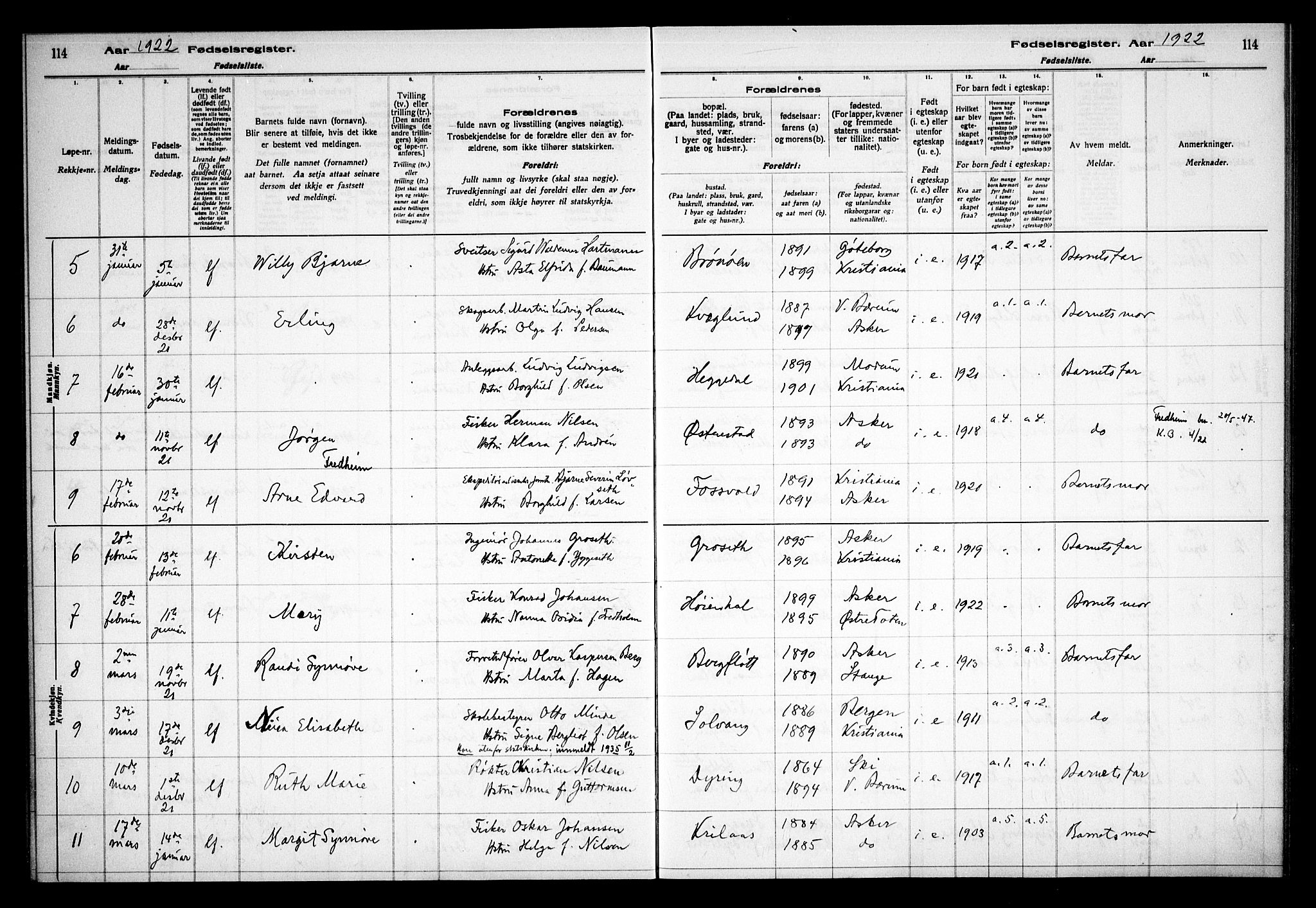 Asker prestekontor Kirkebøker, SAO/A-10256a/J/L0001: Fødselsregister nr. 1, 1916-1925, s. 114