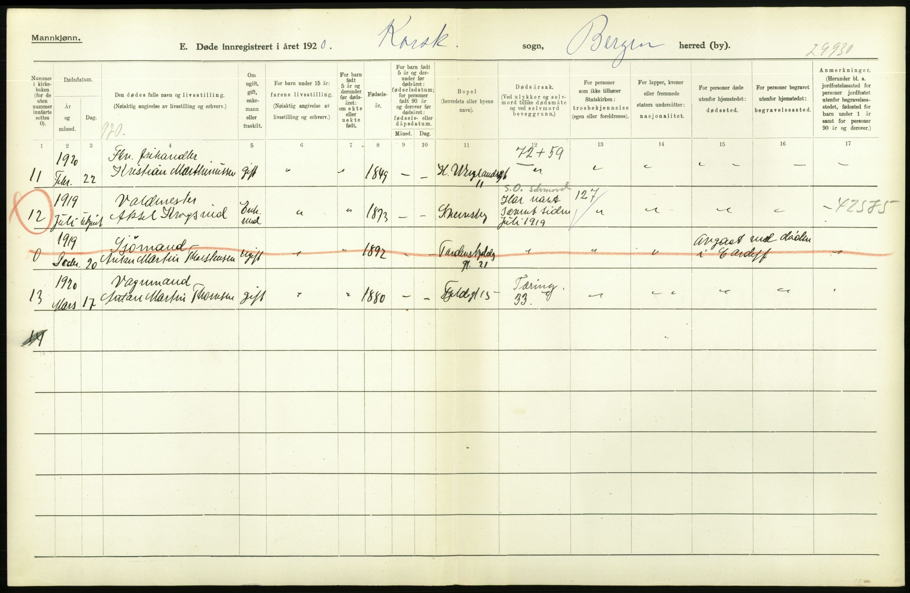 Statistisk sentralbyrå, Sosiodemografiske emner, Befolkning, AV/RA-S-2228/D/Df/Dfb/Dfbj/L0042: Bergen: Gifte, døde, dødfødte., 1920, s. 622