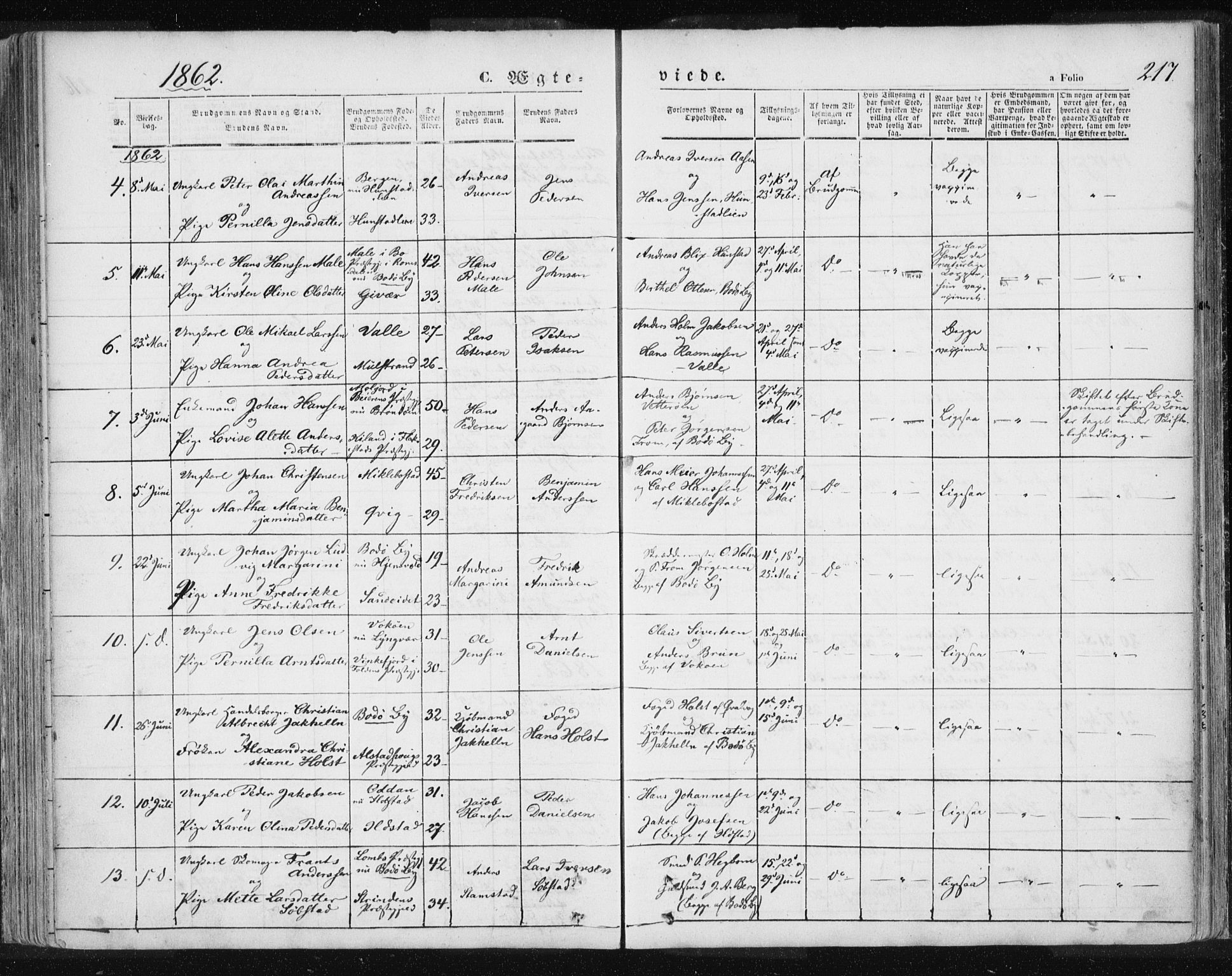 Ministerialprotokoller, klokkerbøker og fødselsregistre - Nordland, SAT/A-1459/801/L0007: Ministerialbok nr. 801A07, 1845-1863, s. 217