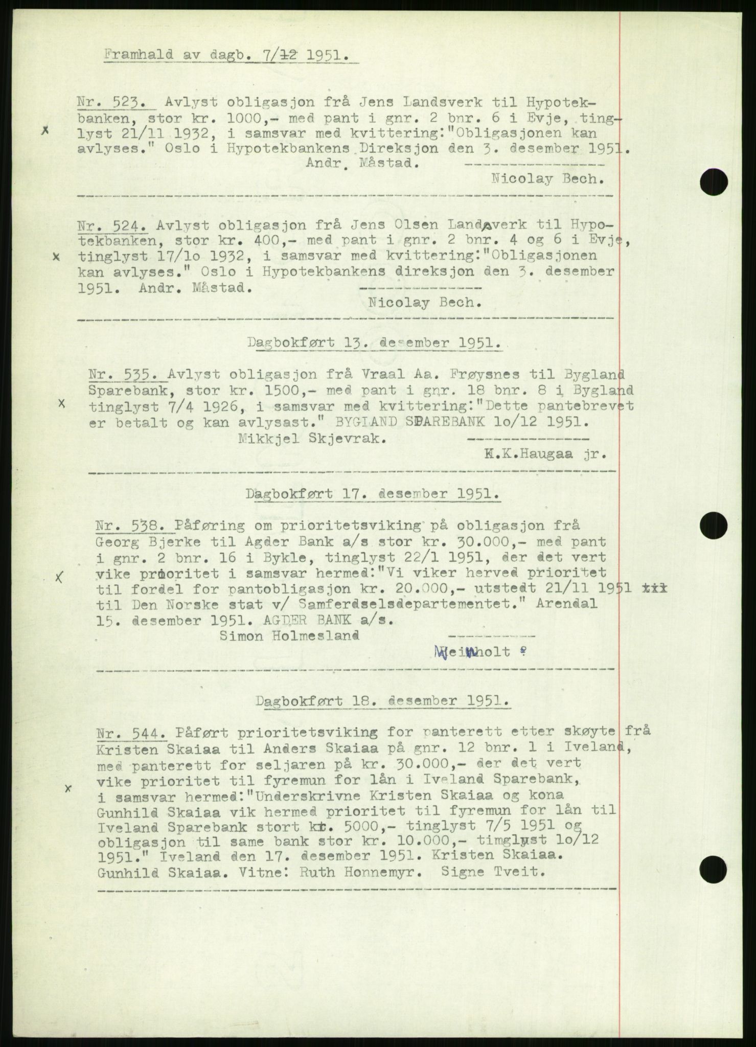 Setesdal sorenskriveri, SAK/1221-0011/G/Gb/L0050: Pantebok nr. B 38, 1949-1952, Dagboknr: 498/1951