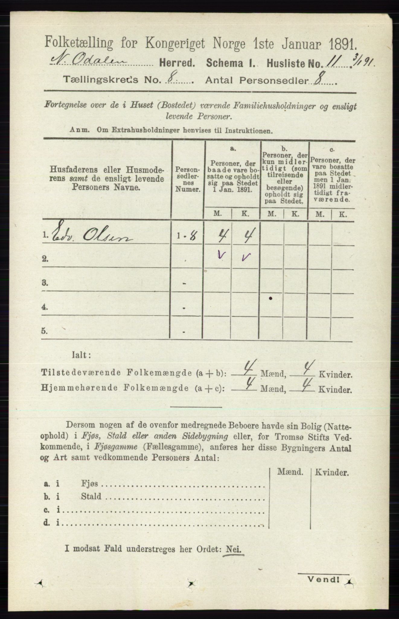 RA, Folketelling 1891 for 0418 Nord-Odal herred, 1891, s. 3196