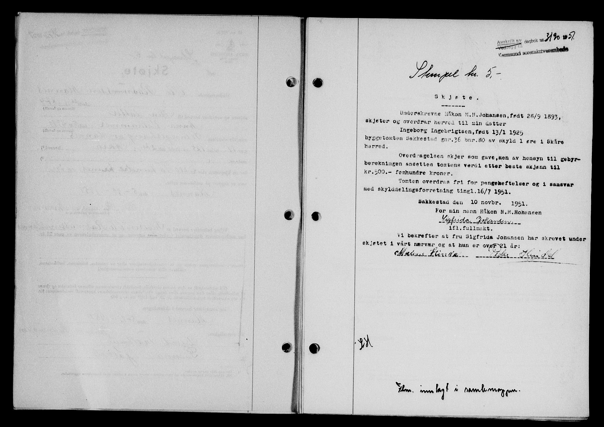 Karmsund sorenskriveri, SAST/A-100311/01/II/IIB/L0104: Pantebok nr. 84A, 1951-1952, Dagboknr: 3190/1951