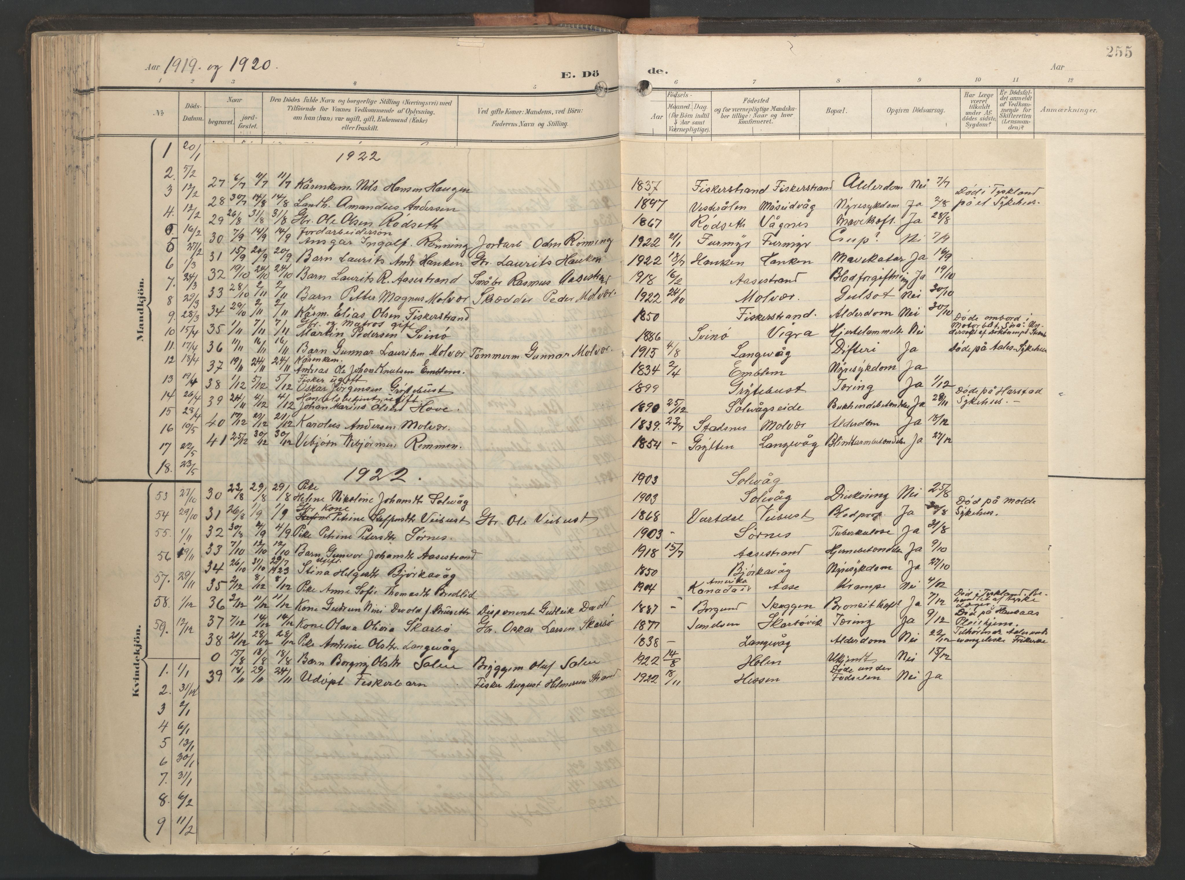 Ministerialprotokoller, klokkerbøker og fødselsregistre - Møre og Romsdal, AV/SAT-A-1454/528/L0433: Klokkerbok nr. 528C14, 1899-1922, s. 255