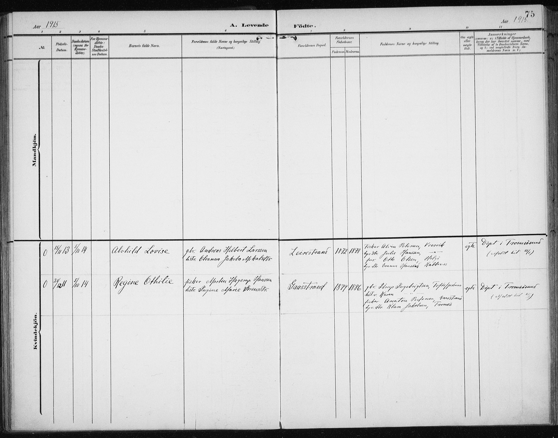 Karlsøy sokneprestembete, AV/SATØ-S-1299/H/Ha/Haa/L0013kirke: Ministerialbok nr. 13, 1902-1916, s. 75
