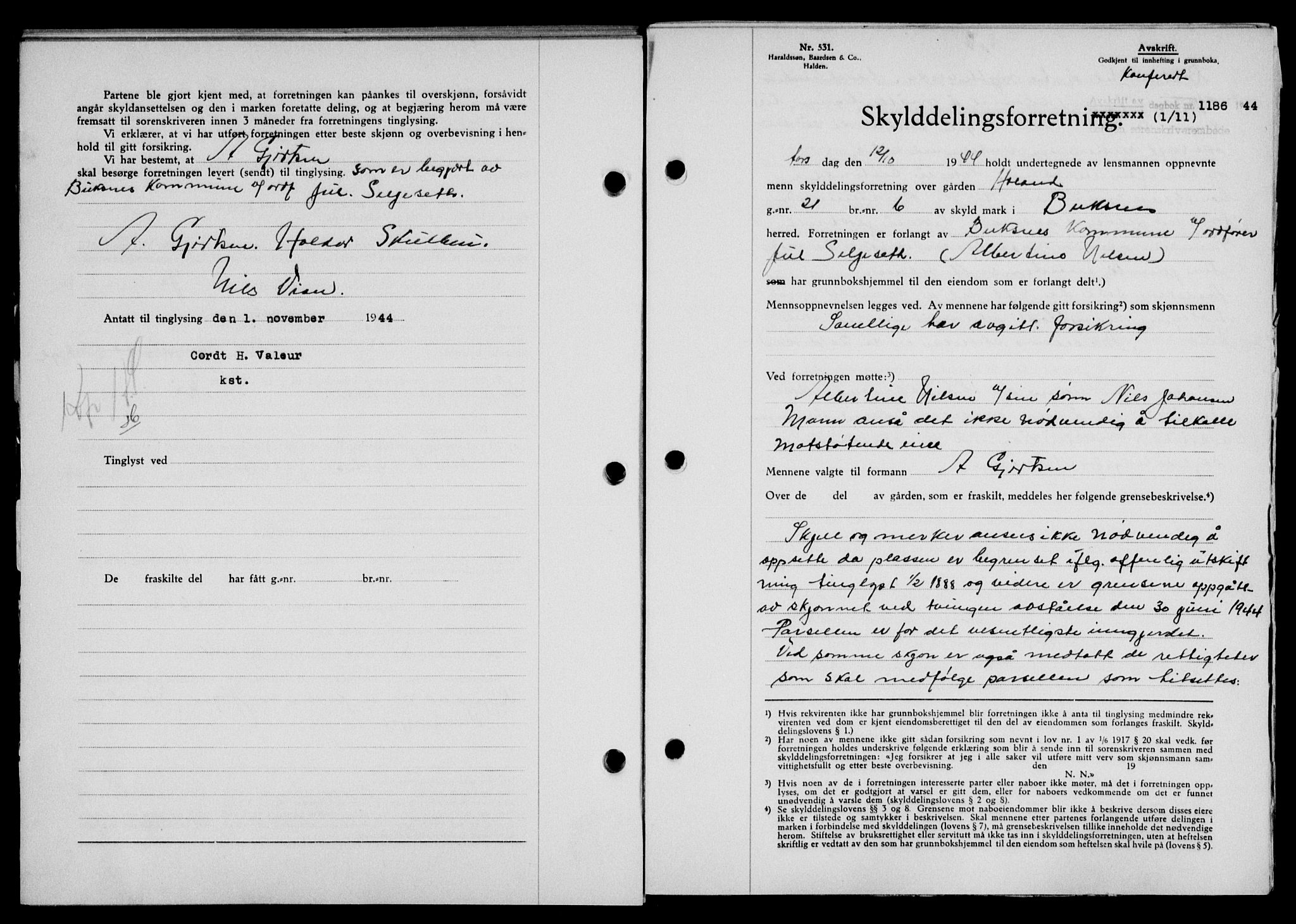 Lofoten sorenskriveri, SAT/A-0017/1/2/2C/L0012a: Pantebok nr. 12a, 1943-1944, Dagboknr: 1186/1944