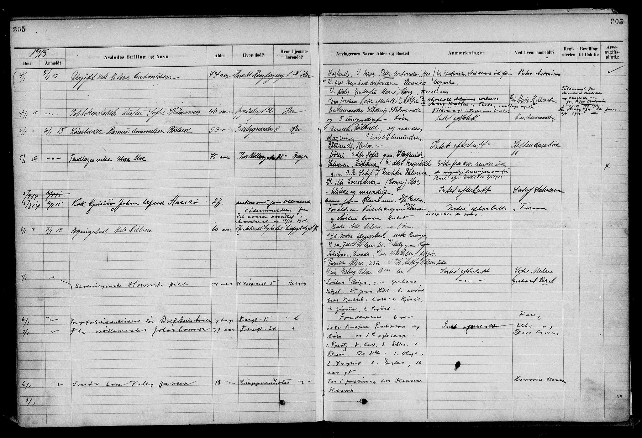 Byfogd og Byskriver i Bergen, AV/SAB-A-3401/06/06Na/L0009: Dødsfallsjournaler, 1910-1915, s. 305