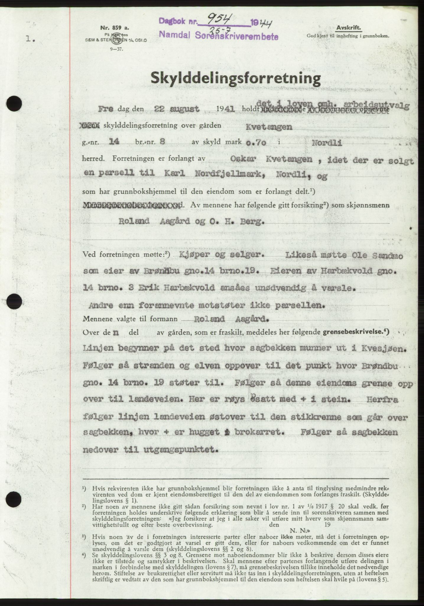 Namdal sorenskriveri, SAT/A-4133/1/2/2C: Pantebok nr. -, 1944-1945, Dagboknr: 954/1944
