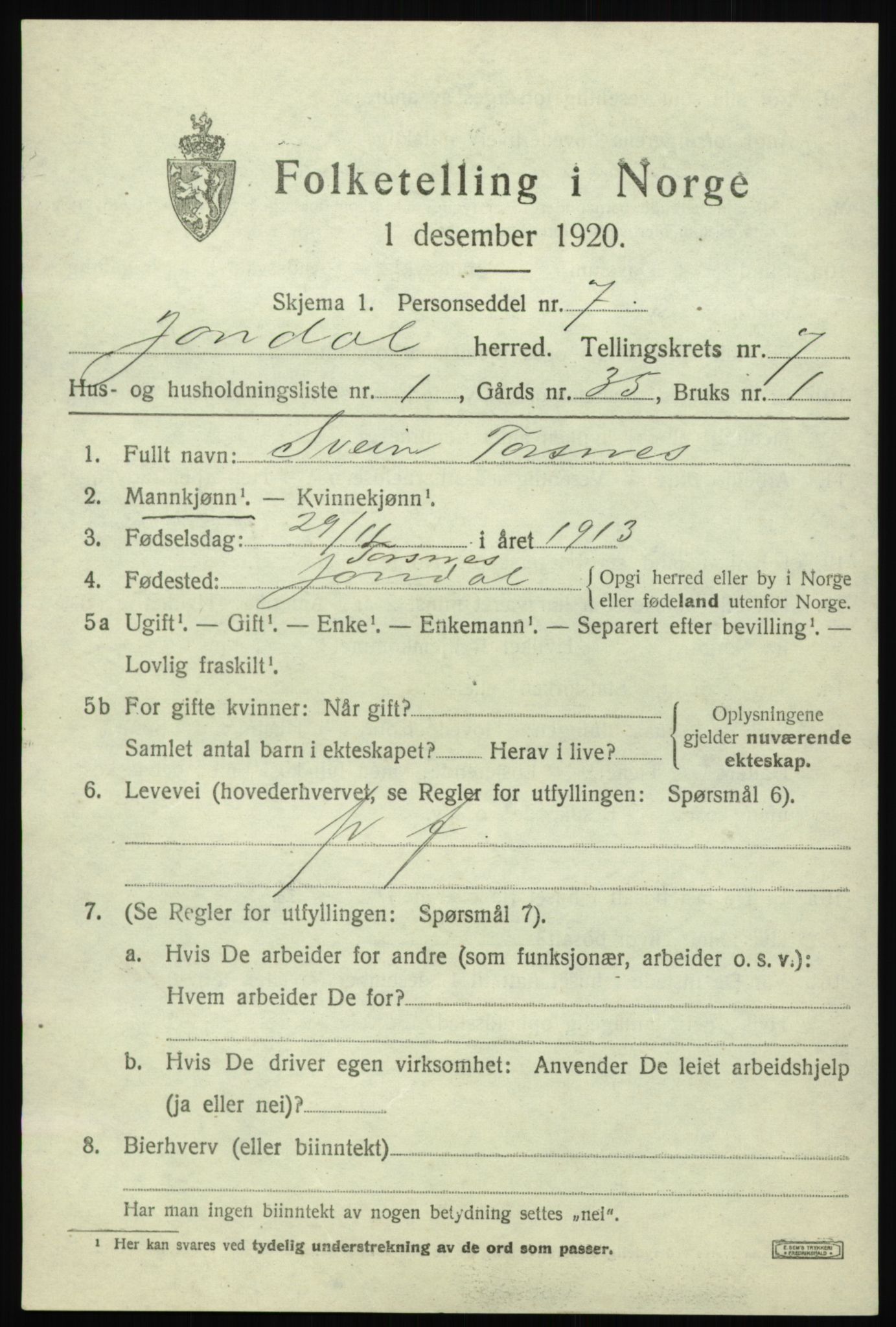 SAB, Folketelling 1920 for 1227 Jondal herred, 1920, s. 3768