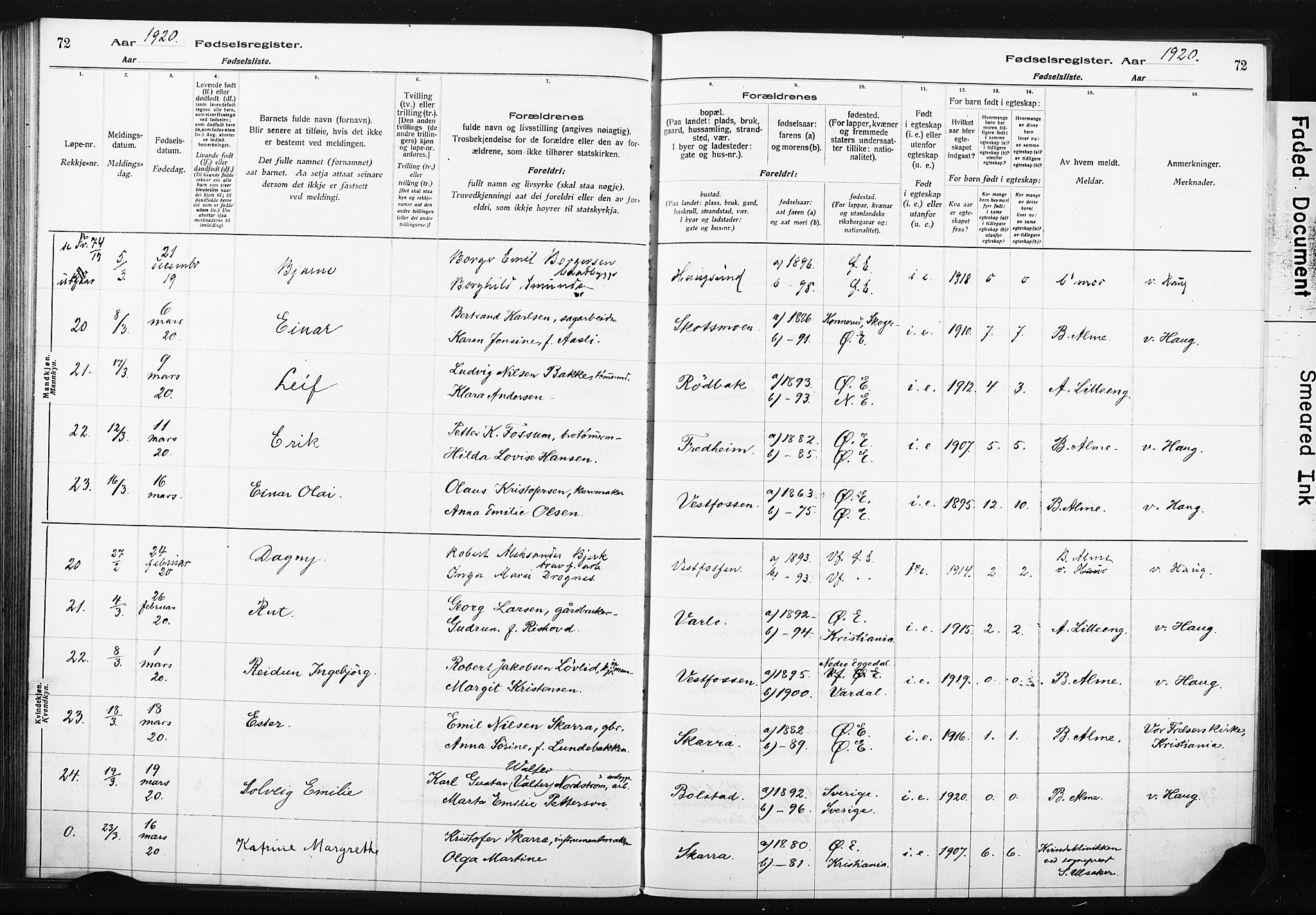Eiker kirkebøker, AV/SAKO-A-4/J/Ja/L0001: Fødselsregister nr. I 1, 1916-1927, s. 72