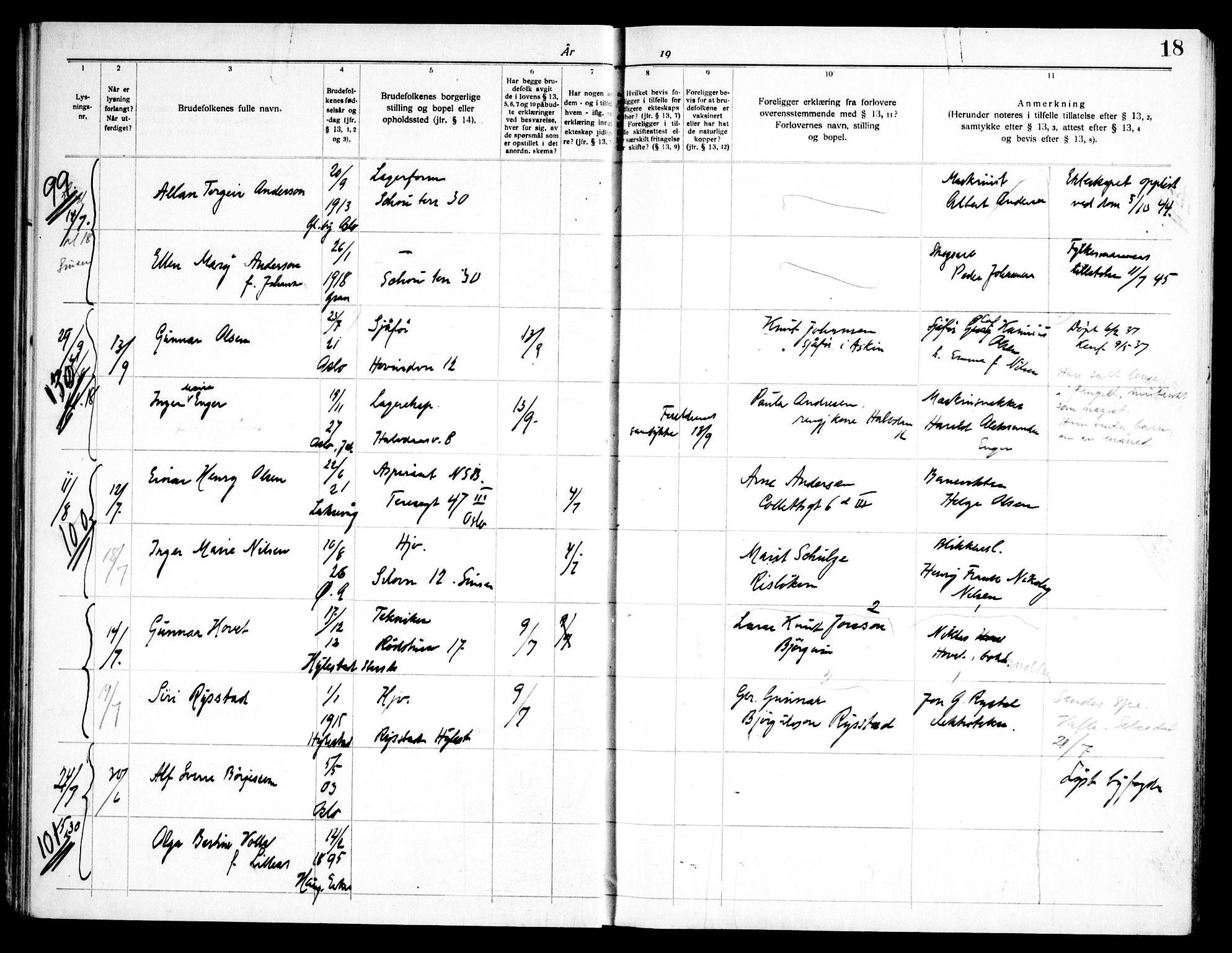 Østre Aker prestekontor Kirkebøker, AV/SAO-A-10840/H/Ha/L0010: Lysningsprotokoll nr. I 10, 1943-1948, s. 18