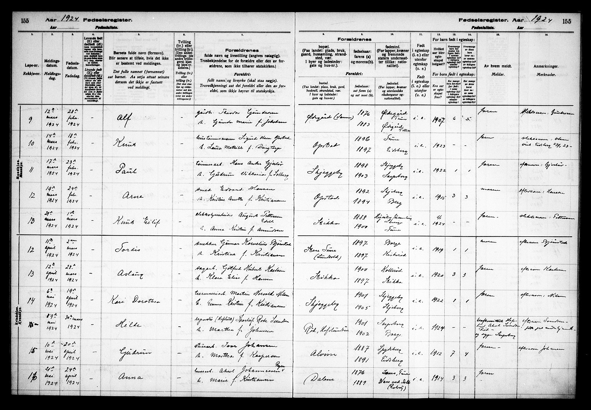 Tune prestekontor Kirkebøker, AV/SAO-A-2007/J/Ja/L0001: Fødselsregister nr. I 1, 1916-1928, s. 155