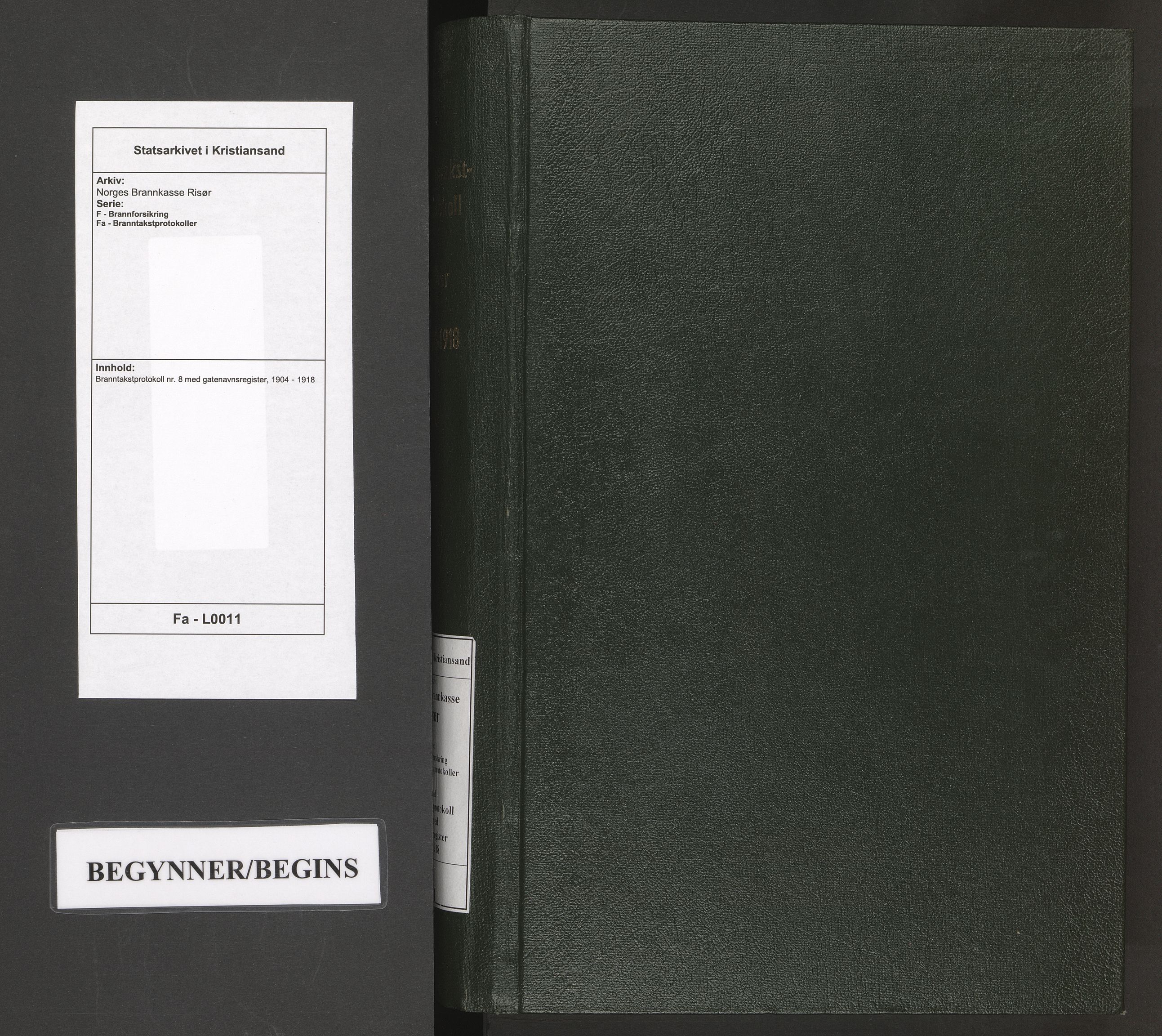 Norges Brannkasse Risør, SAK/2241-0043/F/Fa/L0011: Branntakstprotokoll nr. 8 med gatenavnsregister, 1904-1918