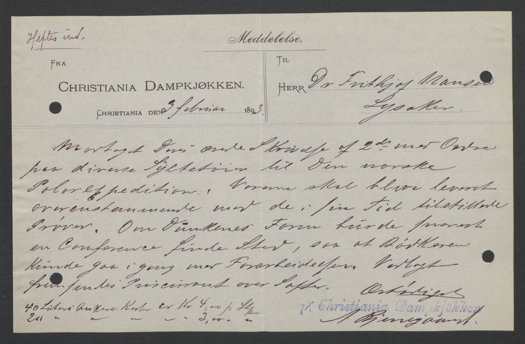 Arbeidskomitéen for Fridtjof Nansens polarekspedisjon, RA/PA-0061/D/L0004: Innk. brev og telegrammer vedr. proviant og utrustning, 1892-1893, s. 143