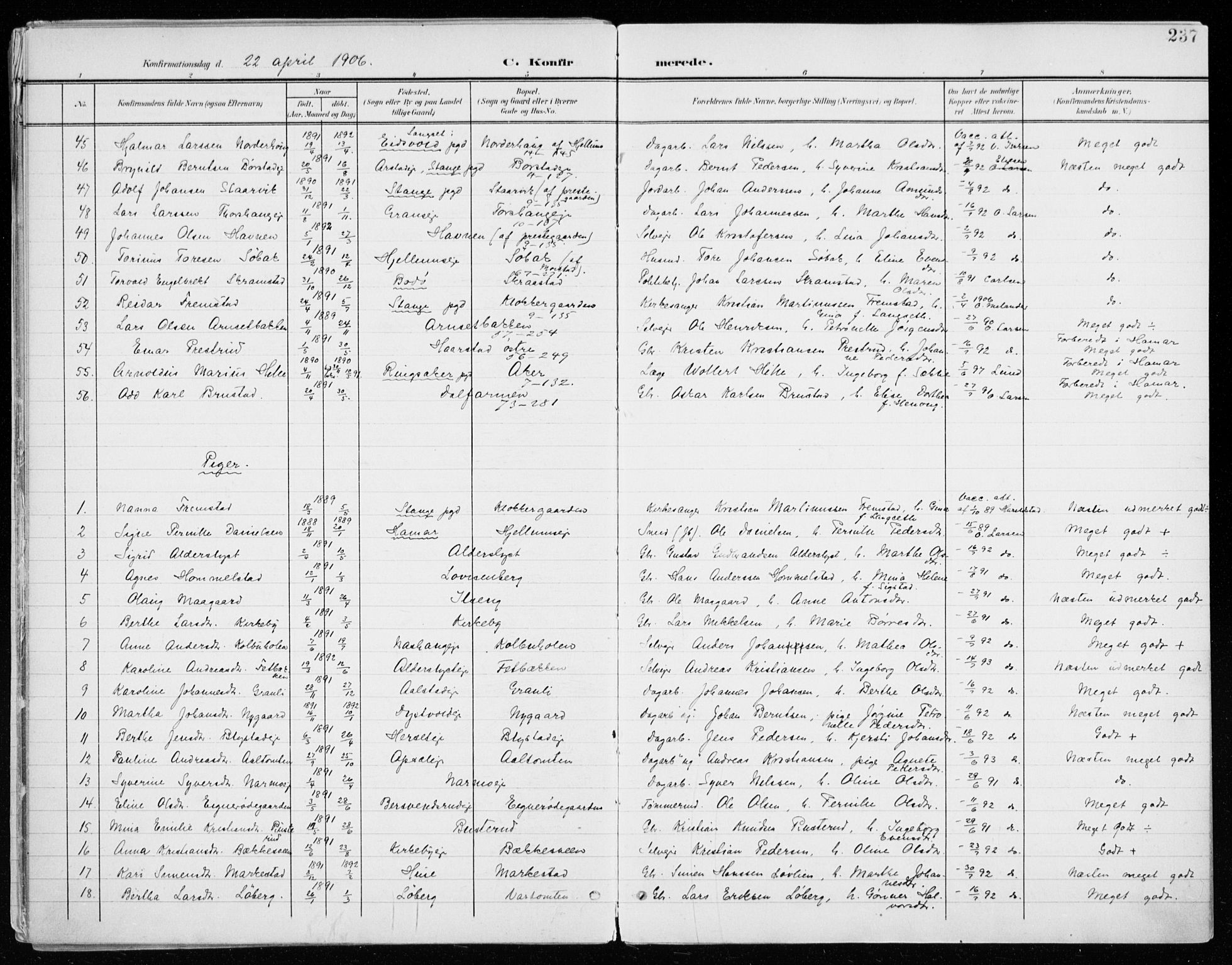 Vang prestekontor, Hedmark, AV/SAH-PREST-008/H/Ha/Haa/L0021: Ministerialbok nr. 21, 1902-1917, s. 237