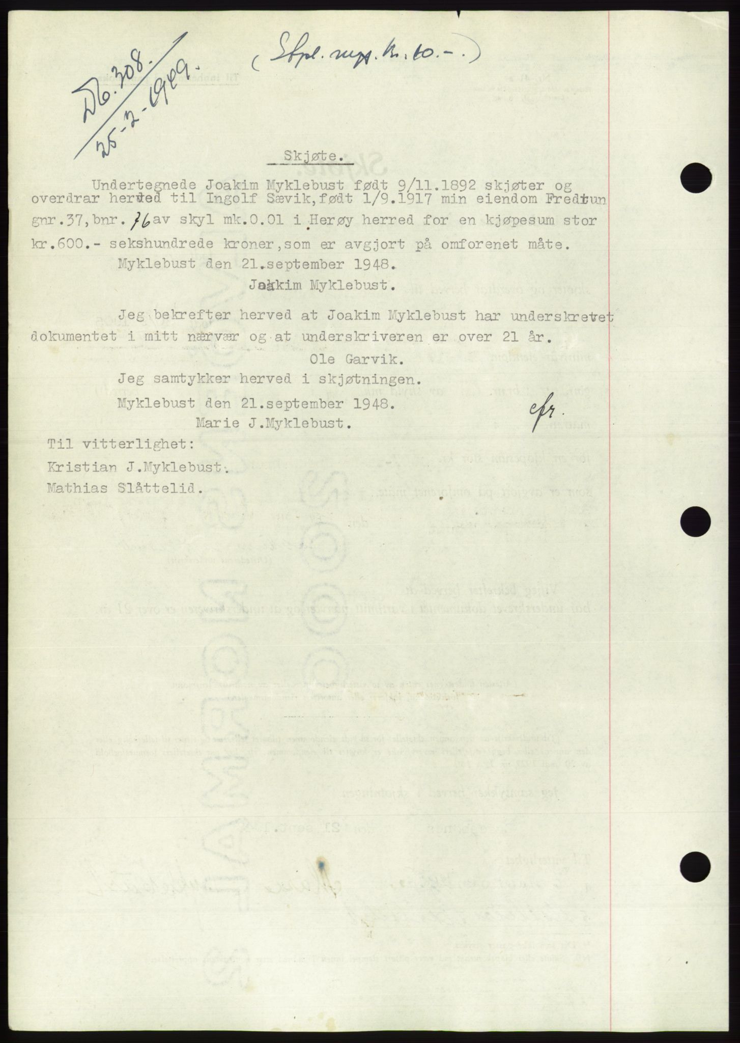 Søre Sunnmøre sorenskriveri, AV/SAT-A-4122/1/2/2C/L0084: Pantebok nr. 10A, 1949-1949, Dagboknr: 308/1949