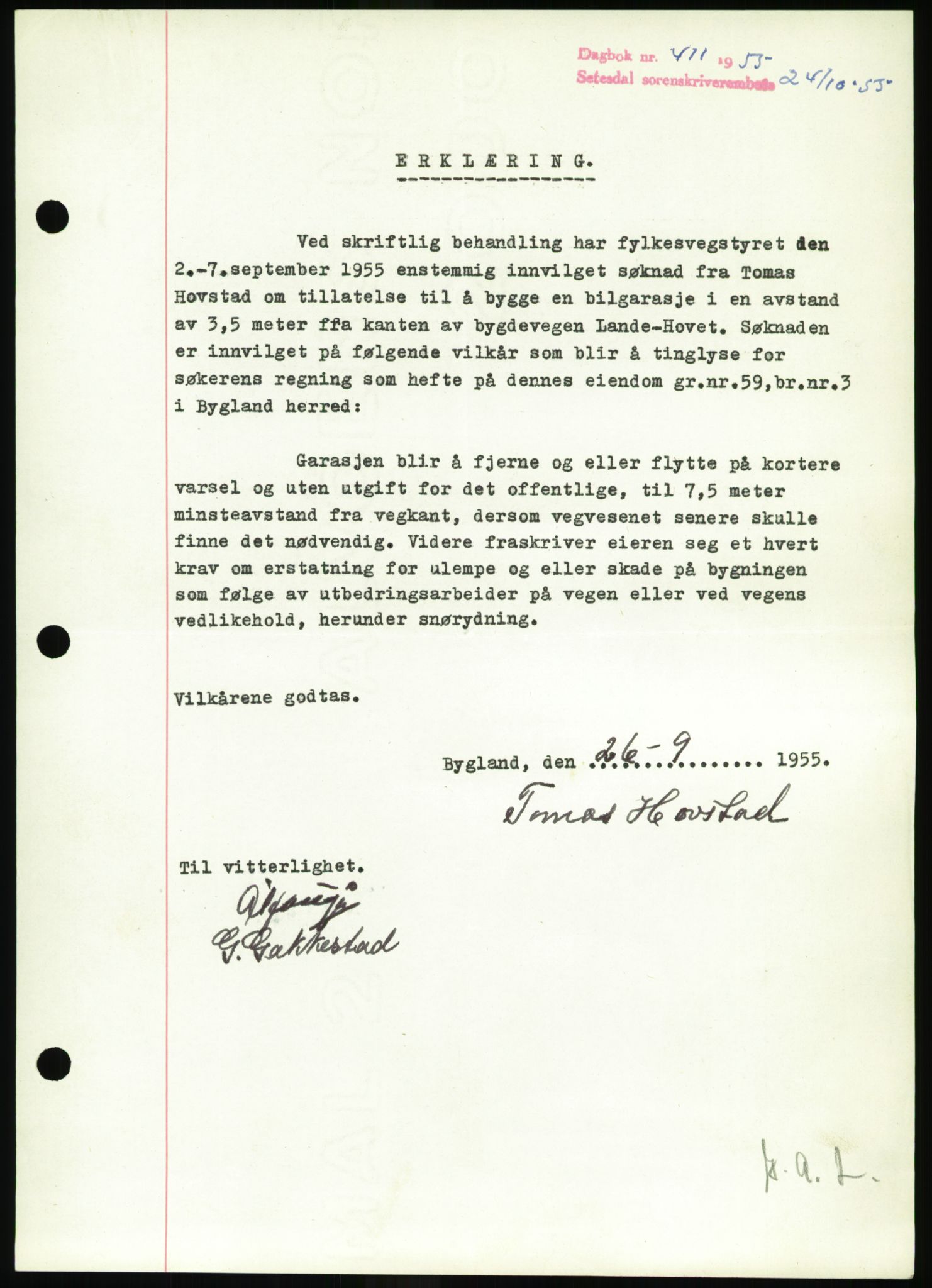 Setesdal sorenskriveri, SAK/1221-0011/G/Gb/L0052: Pantebok nr. B 40, 1954-1955, Dagboknr: 411/1955