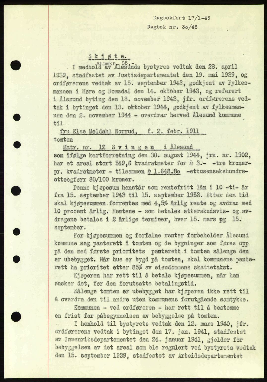 Ålesund byfogd, AV/SAT-A-4384: Pantebok nr. 36a, 1944-1945, Dagboknr: 30/1945