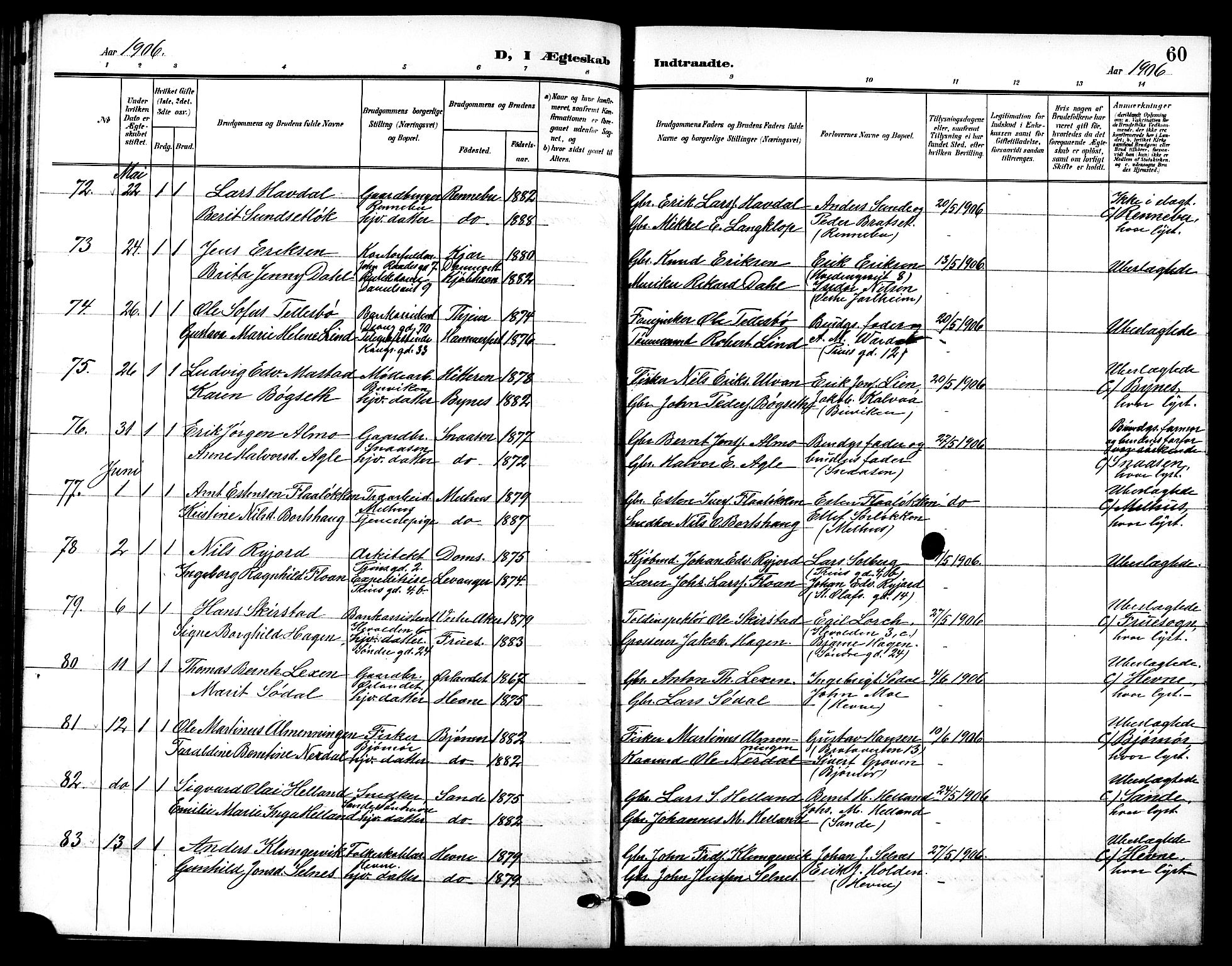 Ministerialprotokoller, klokkerbøker og fødselsregistre - Sør-Trøndelag, SAT/A-1456/601/L0095: Klokkerbok nr. 601C13, 1902-1911, s. 60