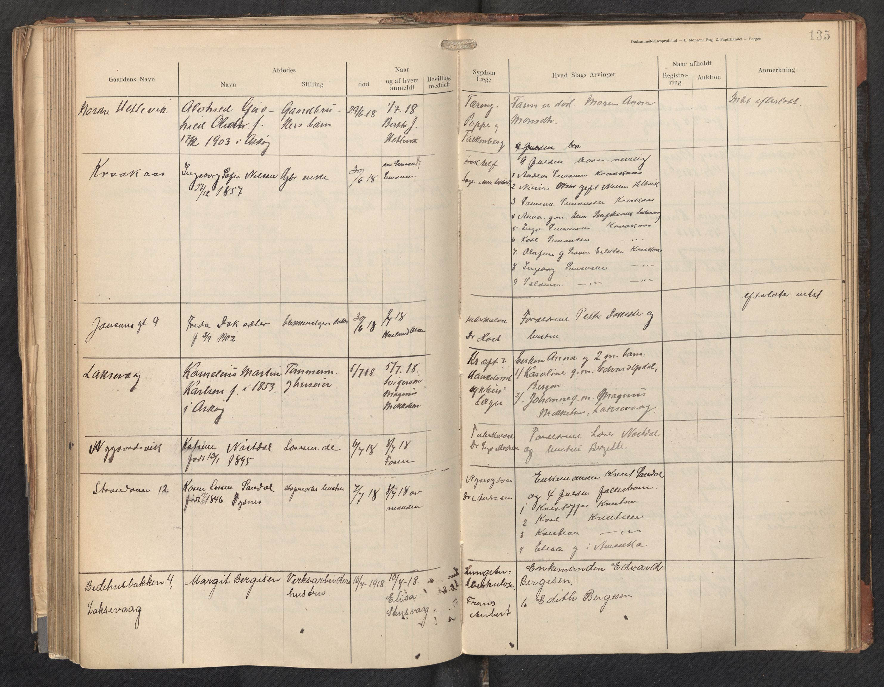 Lensmannen i Askøy, AV/SAB-A-31001/0006/L0001: Dødsfallprotokoll med register , 1907-1921, s. 135