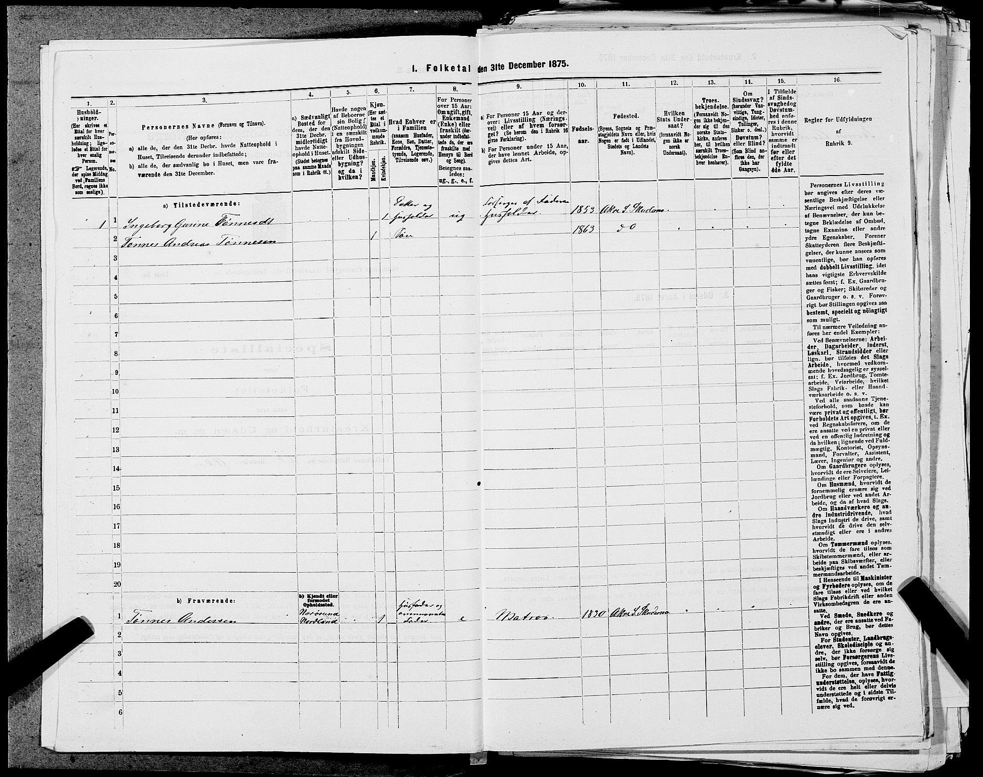 SAST, Folketelling 1875 for 1150L Skudenes prestegjeld, Falnes sokn, Åkra sokn og Ferkingstad sokn, 1875, s. 405