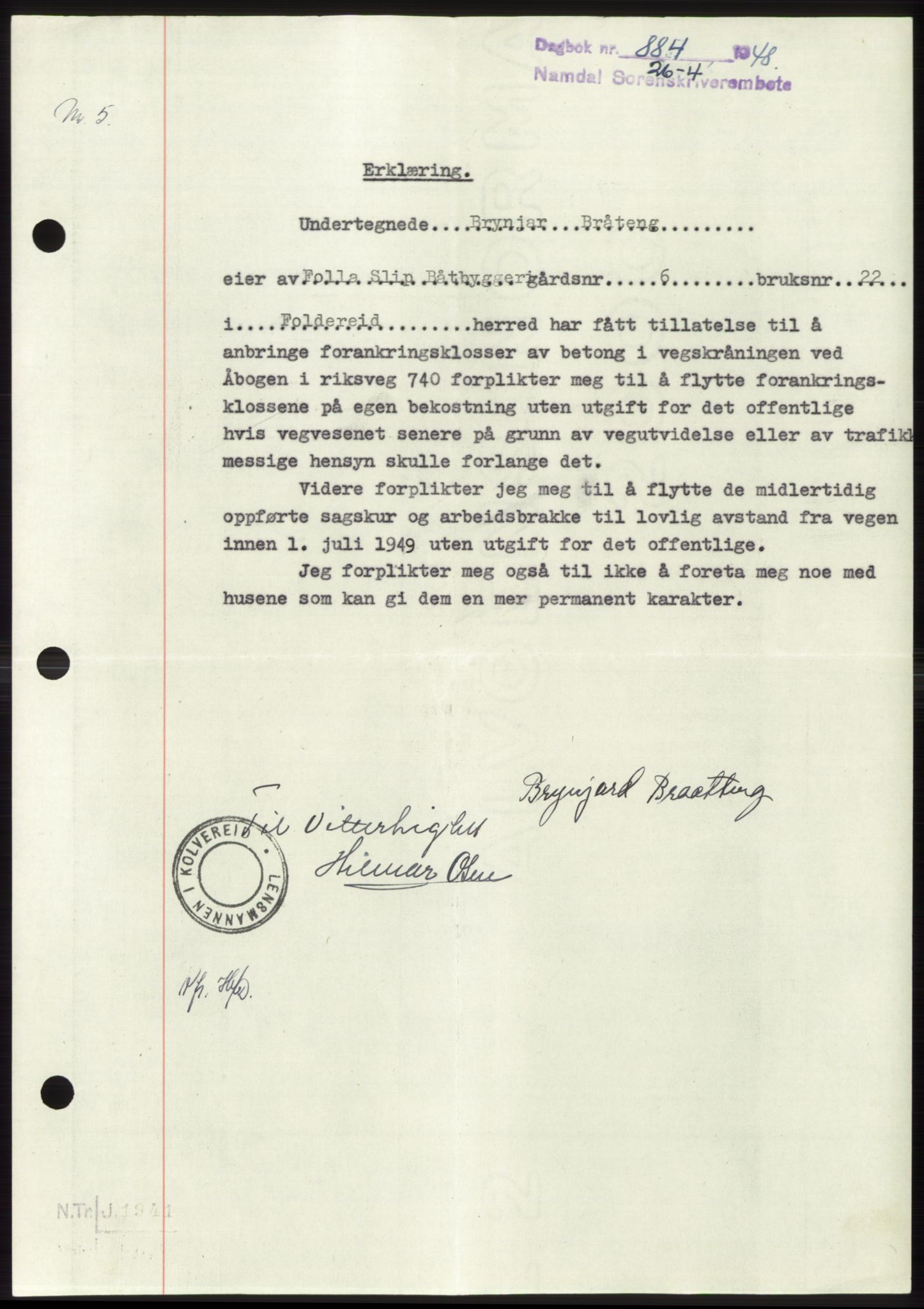 Namdal sorenskriveri, SAT/A-4133/1/2/2C: Pantebok nr. -, 1947-1948, Dagboknr: 884/1948