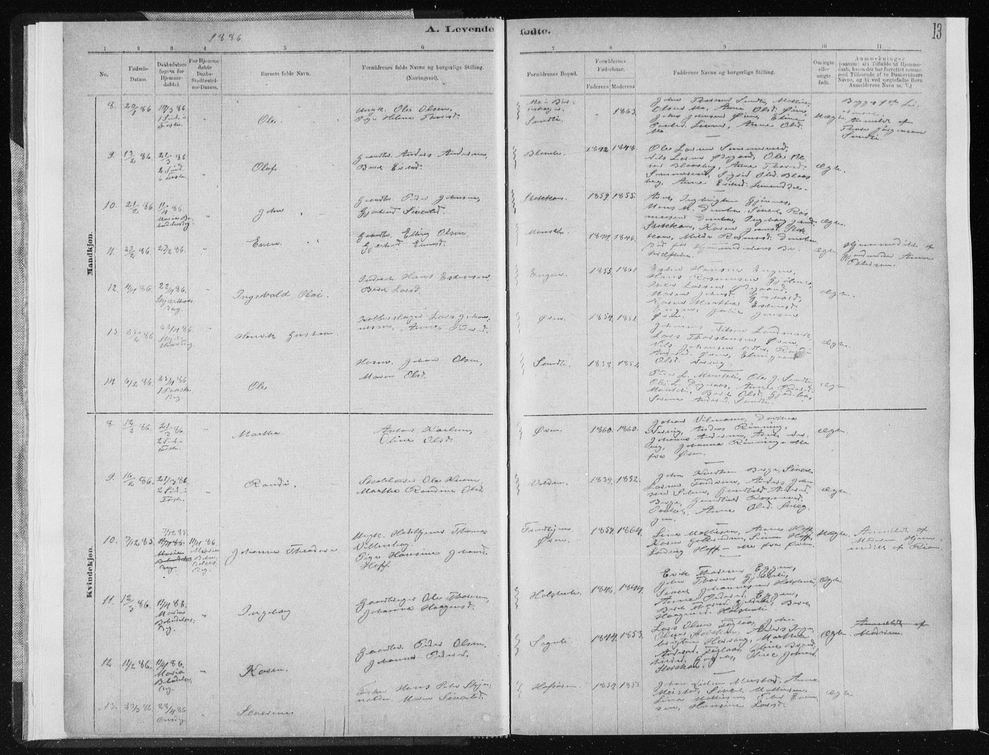 Ministerialprotokoller, klokkerbøker og fødselsregistre - Sør-Trøndelag, AV/SAT-A-1456/668/L0818: Klokkerbok nr. 668C07, 1885-1898, s. 13