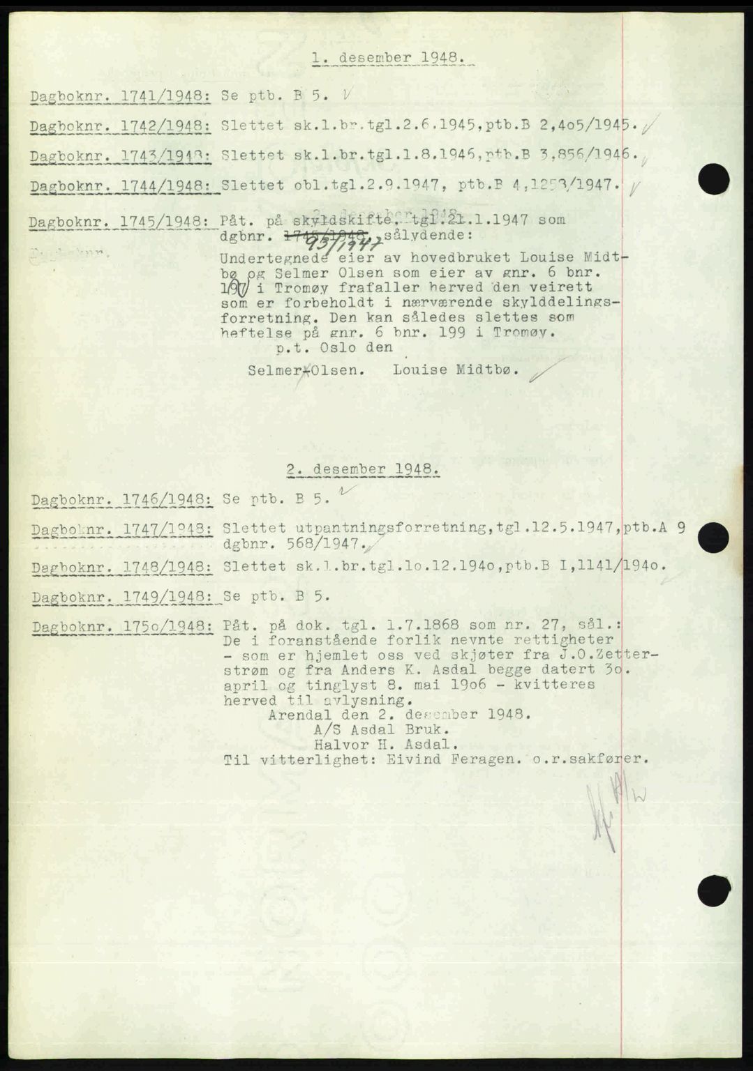 Nedenes sorenskriveri, SAK/1221-0006/G/Gb/Gba/L0060: Pantebok nr. A12, 1948-1949, Dagboknr: 1741/1948
