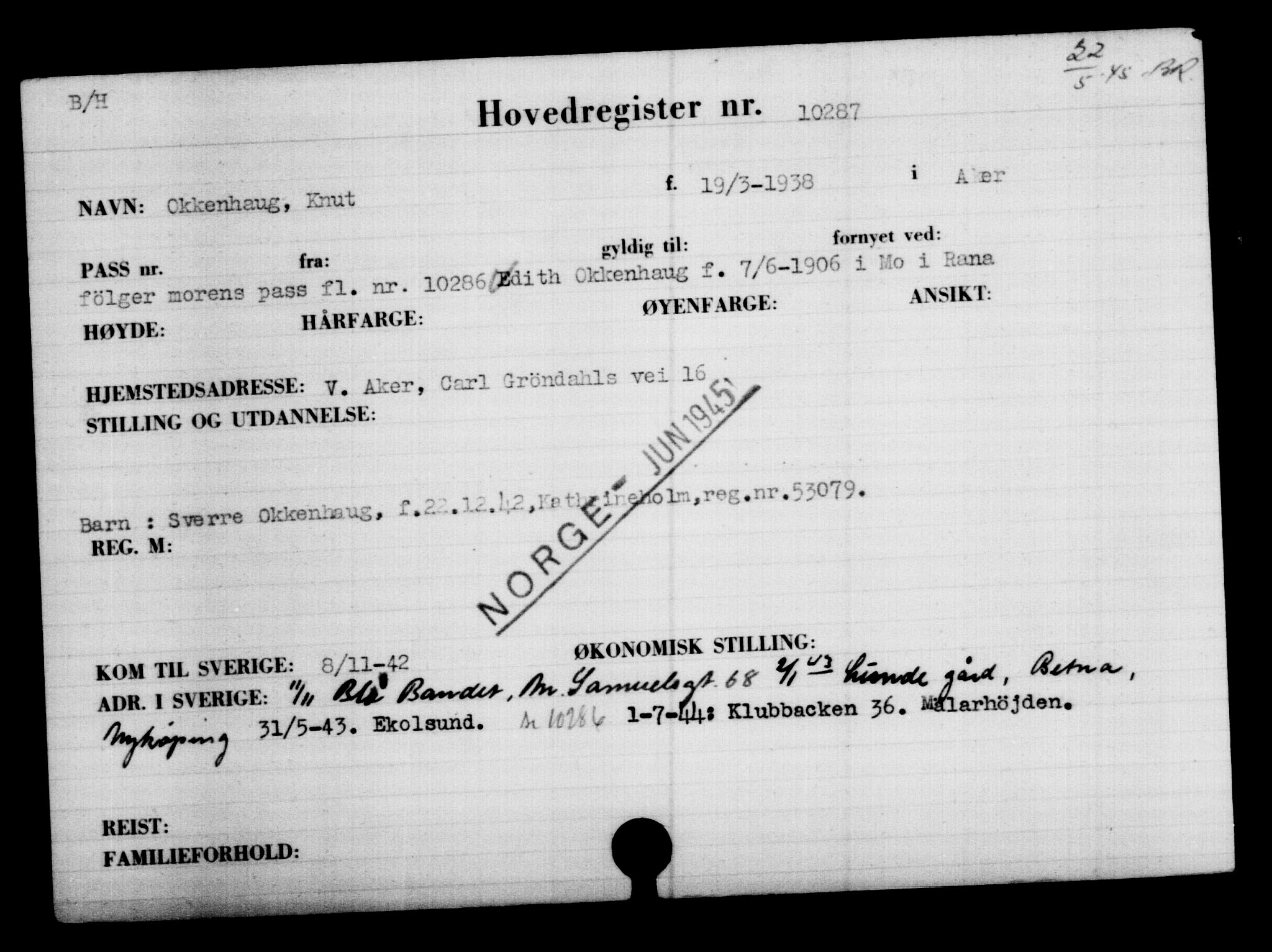 Utenriksstasjonene, Legasjonen i Stockholm, Flyktningkontoret, AV/RA-S-6753/V/Va/L0006: Kjesäterkartoteket, flyktninger med registreringsnr. 9400-12711, 1940-1945, s. 1018