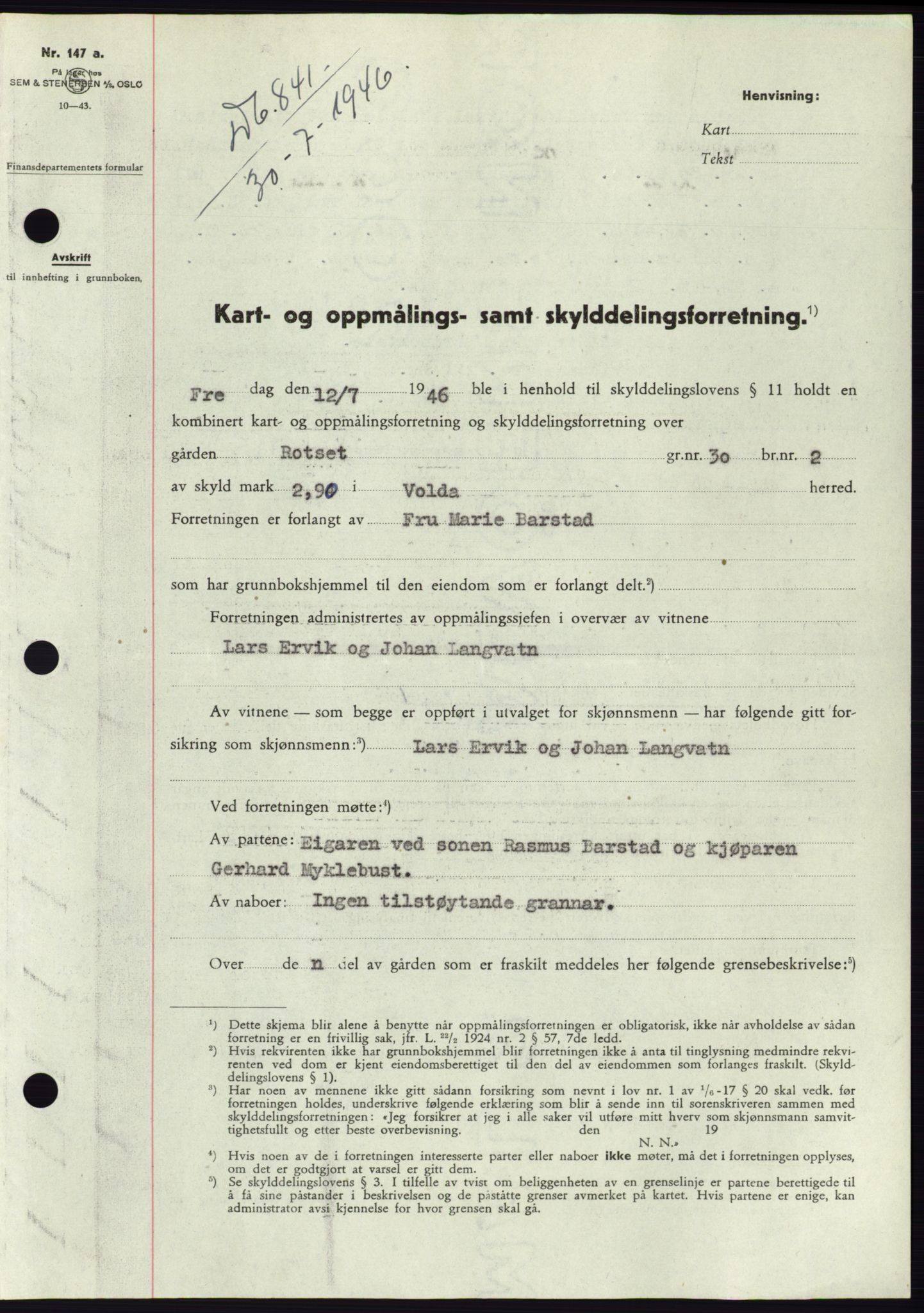 Søre Sunnmøre sorenskriveri, SAT/A-4122/1/2/2C/L0078: Pantebok nr. 4A, 1946-1946, Dagboknr: 841/1946
