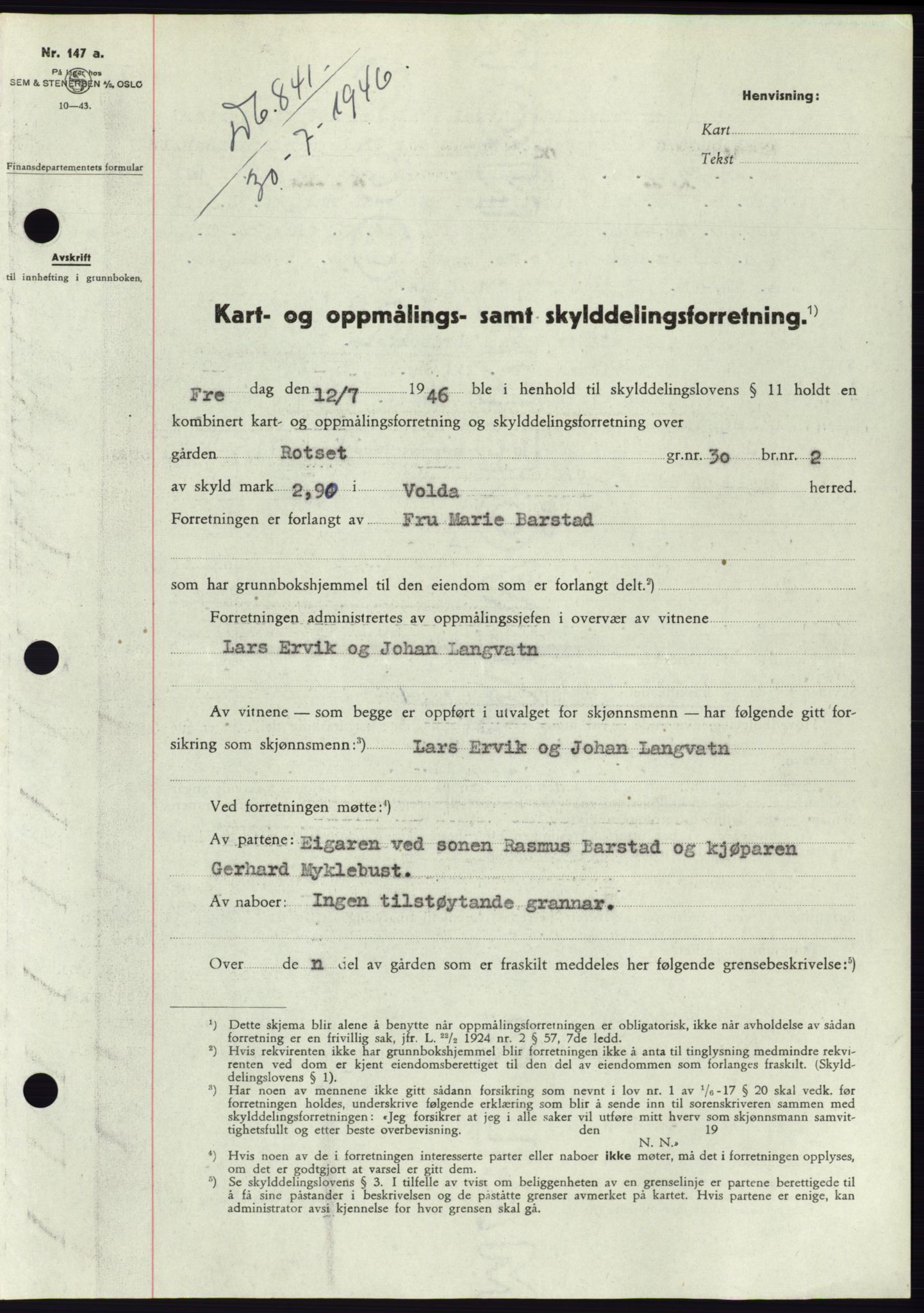 Søre Sunnmøre sorenskriveri, AV/SAT-A-4122/1/2/2C/L0078: Pantebok nr. 4A, 1946-1946, Dagboknr: 841/1946