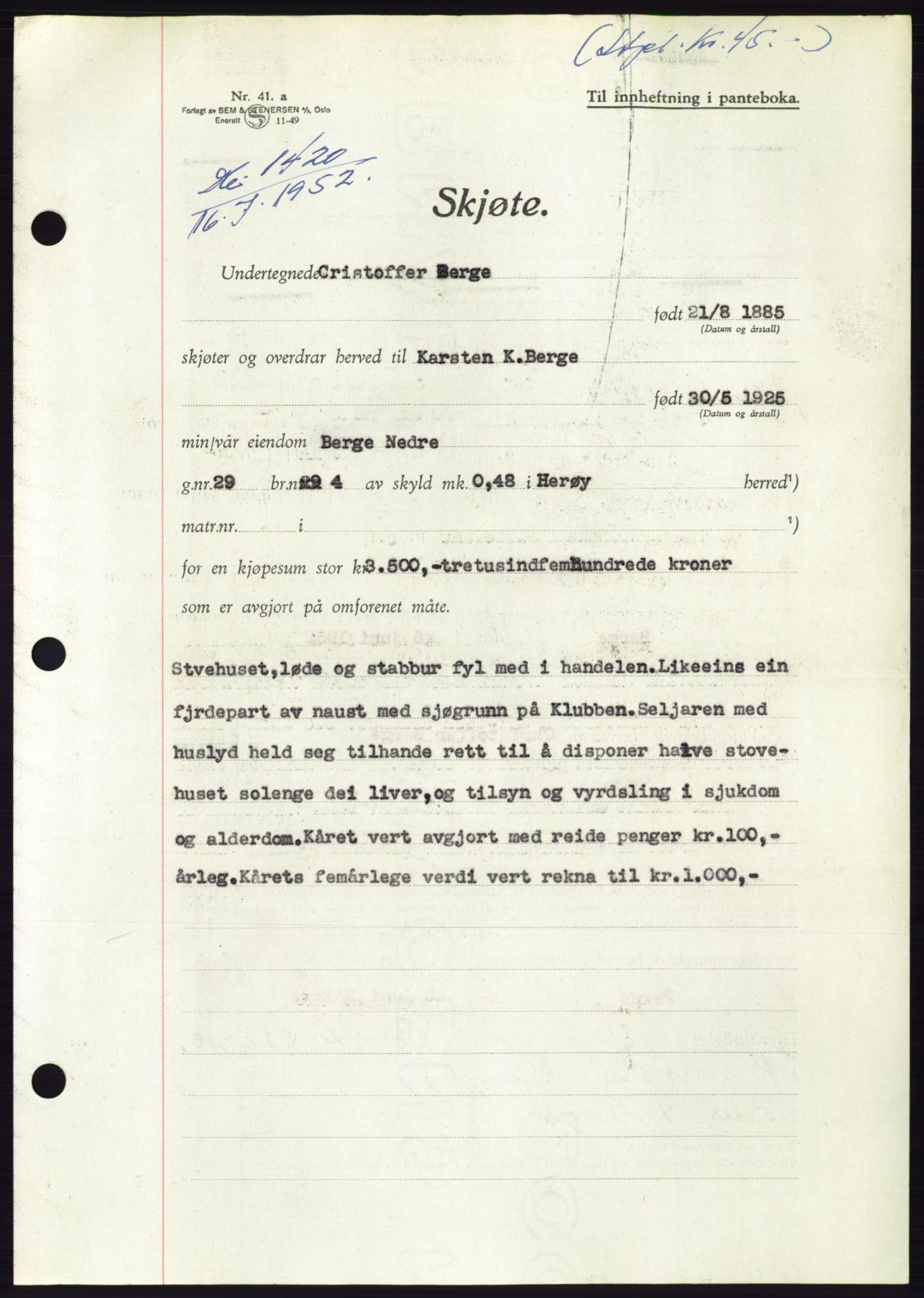 Søre Sunnmøre sorenskriveri, AV/SAT-A-4122/1/2/2C/L0092: Pantebok nr. 18A, 1952-1952, Dagboknr: 1420/1952