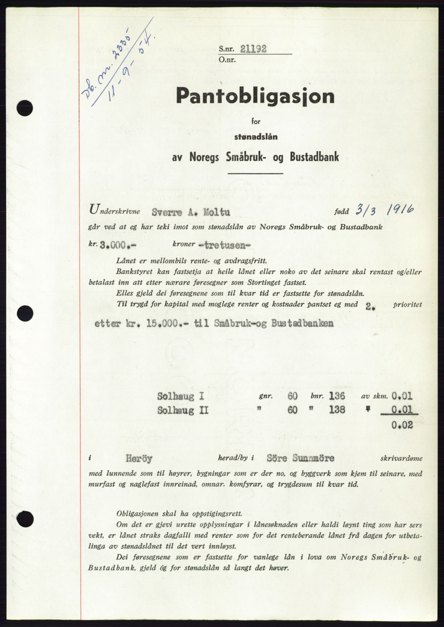 Søre Sunnmøre sorenskriveri, SAT/A-4122/1/2/2C/L0125: Pantebok nr. 13B, 1954-1954, Dagboknr: 2335/1954