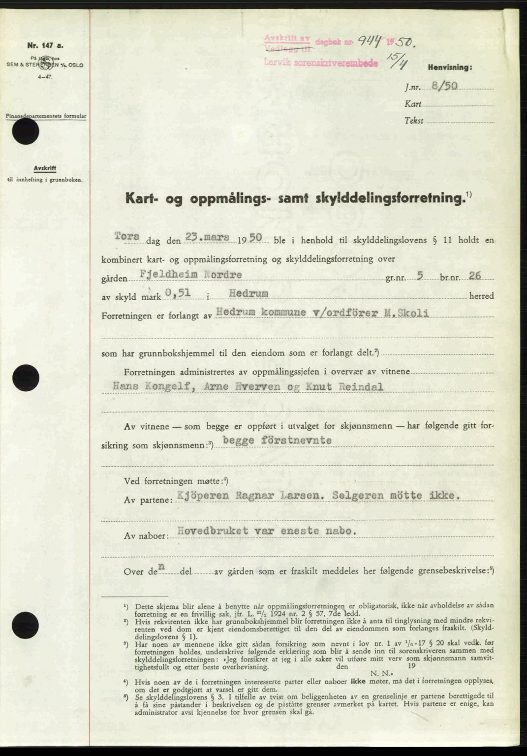 Larvik sorenskriveri, AV/SAKO-A-83/G/Ga/Gab/L0091: Pantebok nr. A-25, 1949-1950, Dagboknr: 944/1950