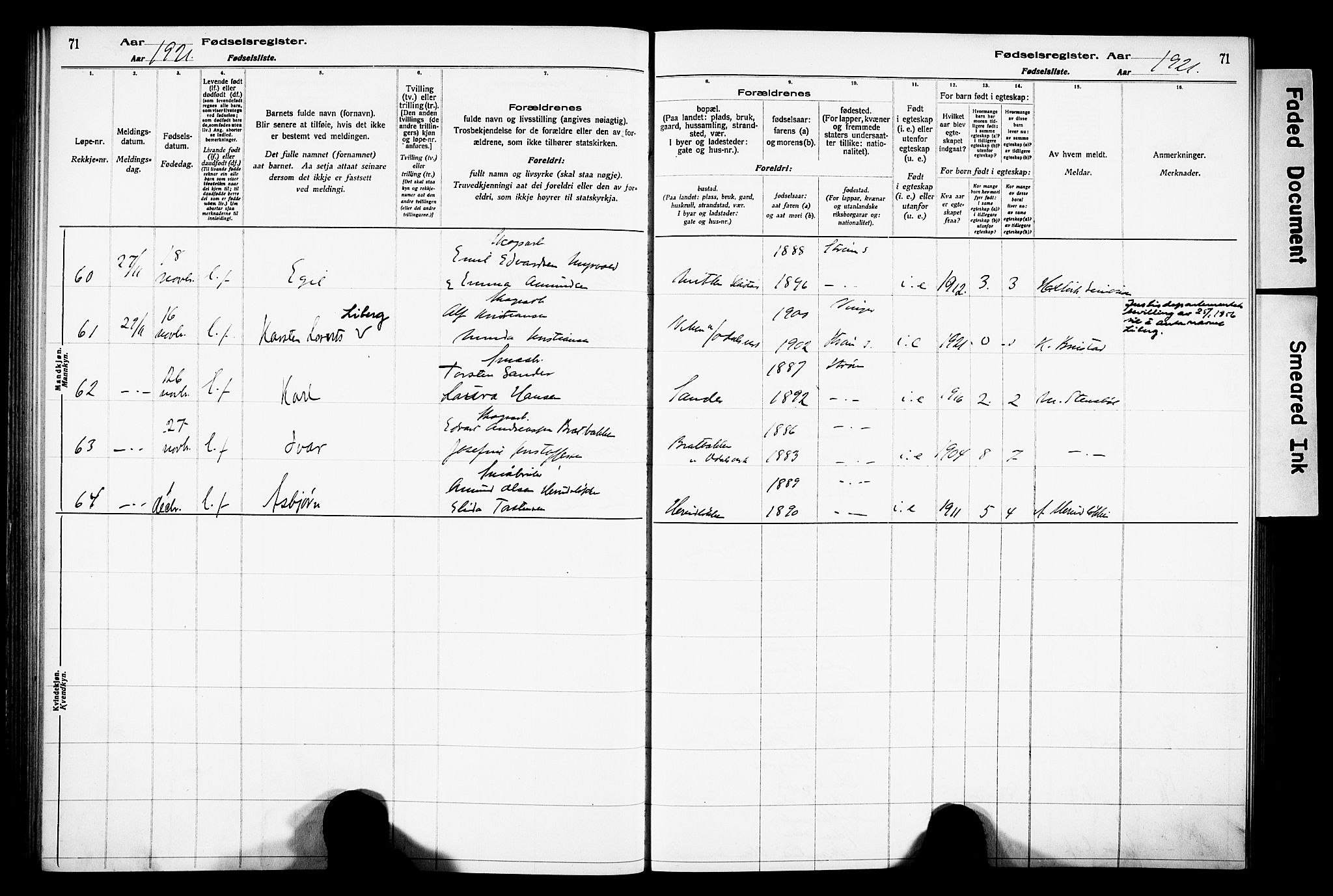 Sør-Odal prestekontor, AV/SAH-PREST-030/I/Id: Fødselsregister nr. 1, 1916-1931, s. 71