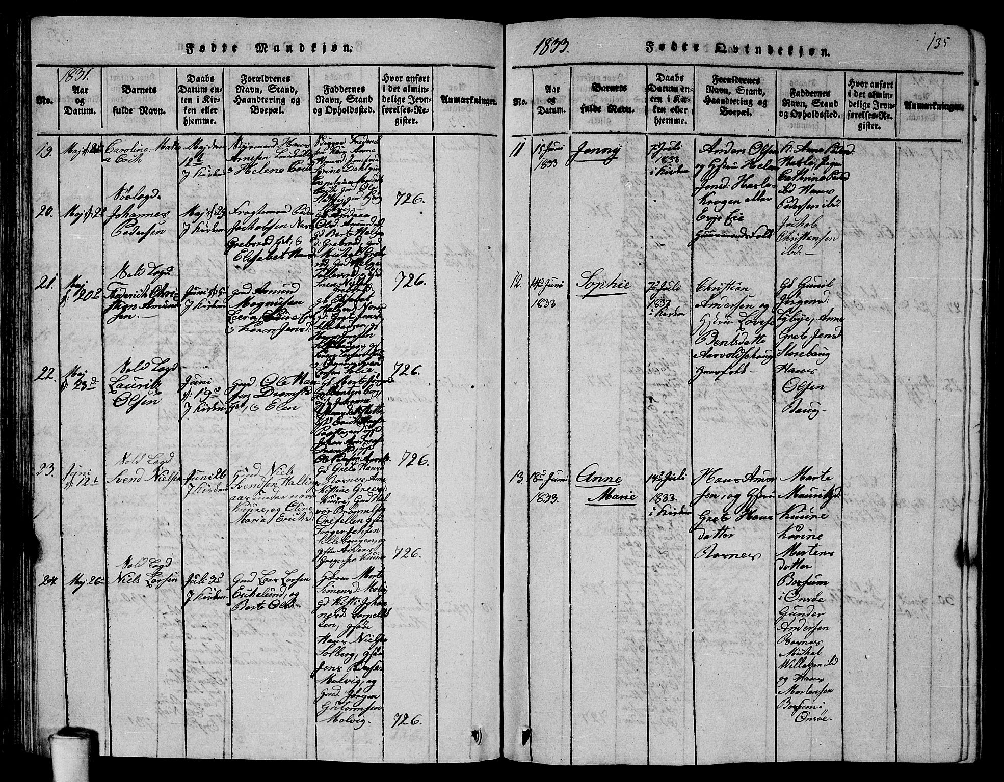 Rygge prestekontor Kirkebøker, AV/SAO-A-10084b/G/Ga/L0001: Klokkerbok nr. 1, 1814-1871, s. 134-135