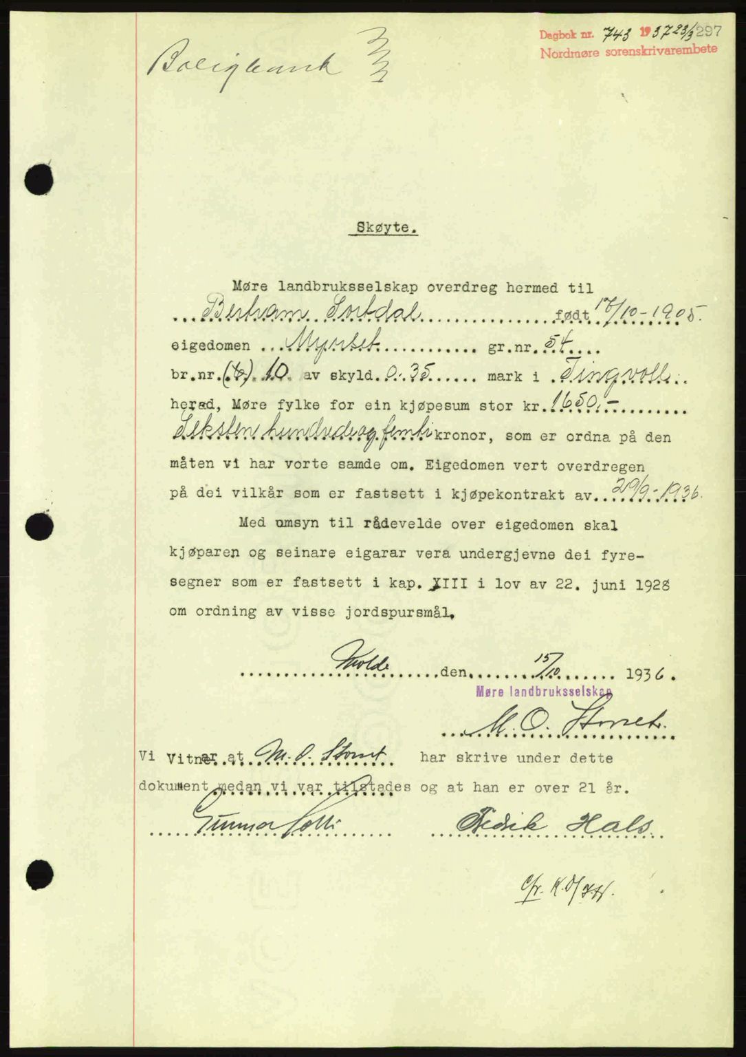 Nordmøre sorenskriveri, SAT/A-4132/1/2/2Ca: Pantebok nr. A81, 1937-1937, Dagboknr: 743/1937