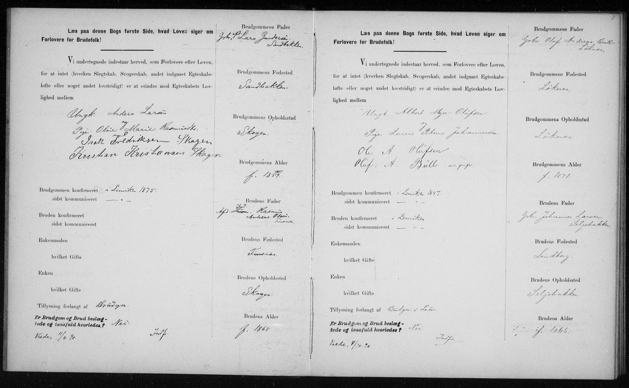 Lenvik sokneprestembete, AV/SATØ-S-1310/I/Ie/L0129: Lysningsprotokoll nr. 129, 1890-1895, s. 7