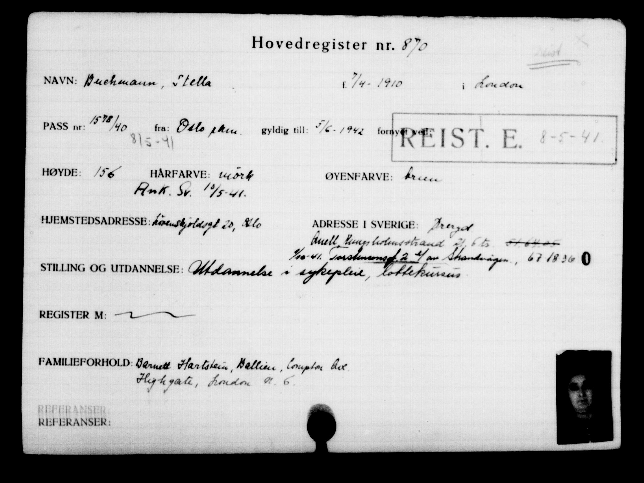 Utenriksstasjonene, Legasjonen i Stockholm, Flyktningkontoret, AV/RA-S-6753/V/Va/L0001: Kjesäterkartoteket, flyktninger med registreringsnr. 1-1000, 1940-1945, s. 1381