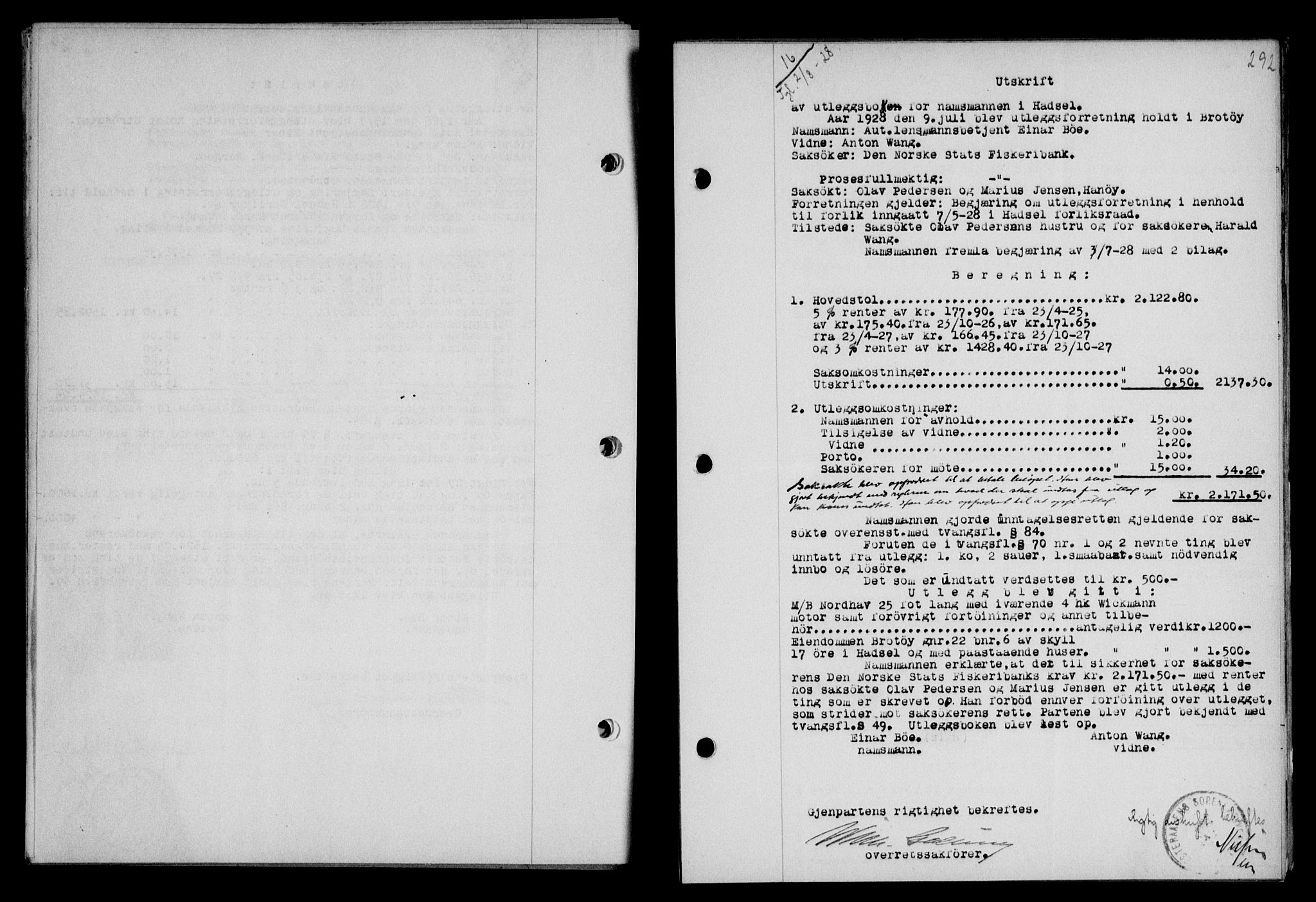 Vesterålen sorenskriveri, SAT/A-4180/1/2/2Ca/L0046: Pantebok nr. 39, 1928-1928, Tingl.dato: 02.08.1928