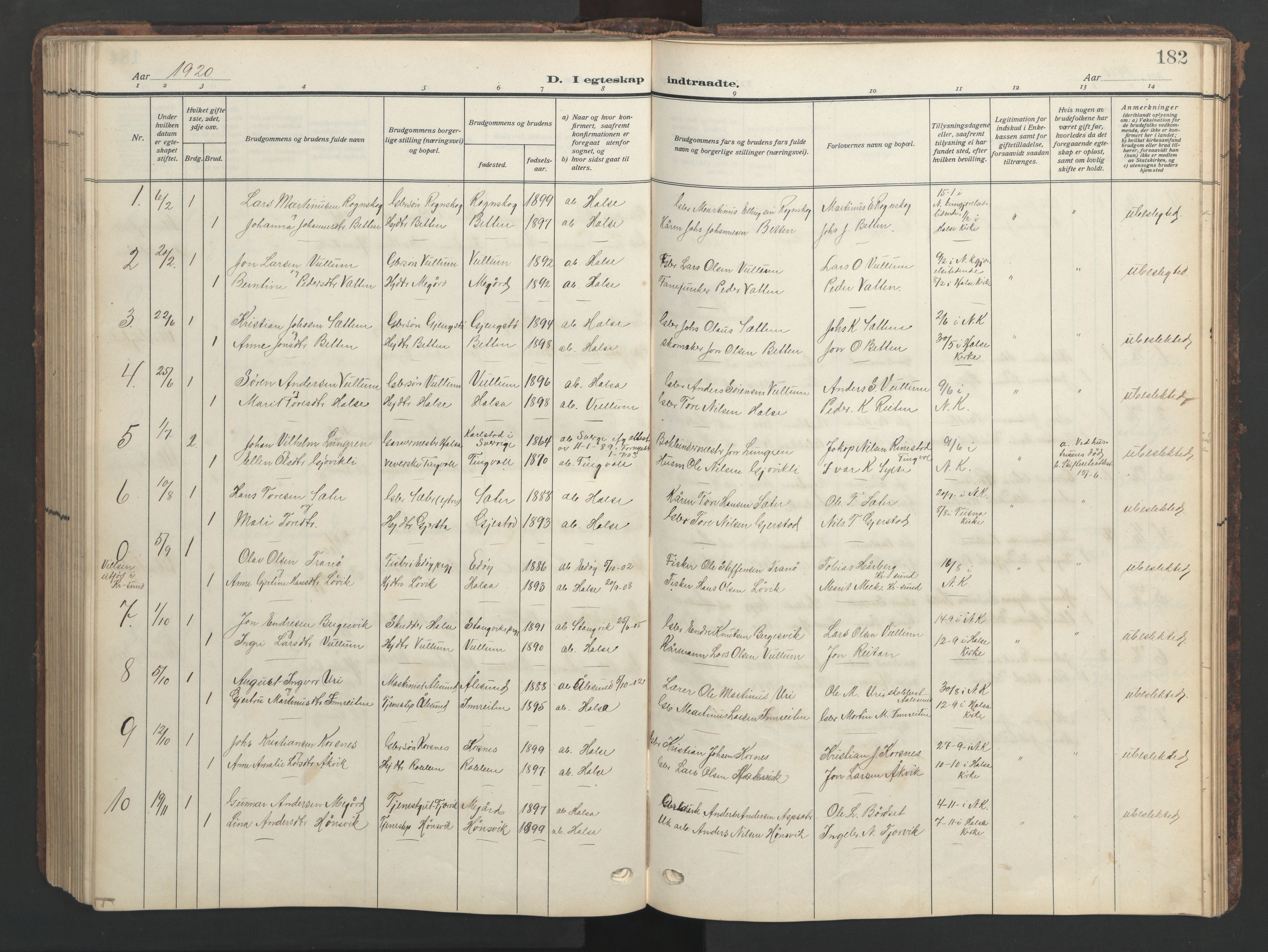 Ministerialprotokoller, klokkerbøker og fødselsregistre - Møre og Romsdal, SAT/A-1454/576/L0891: Klokkerbok nr. 576C02, 1909-1946, s. 182