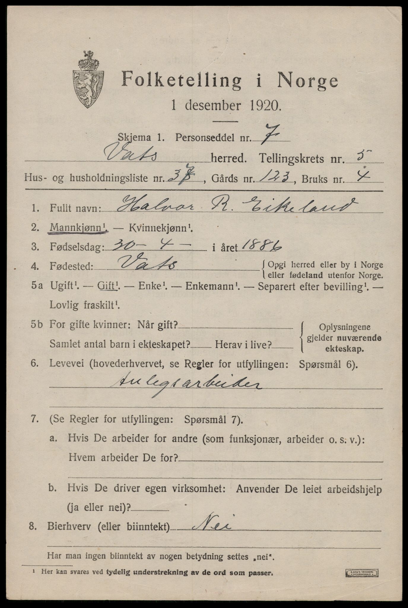 SAST, Folketelling 1920 for 1155 Vats herred, 1920, s. 2331