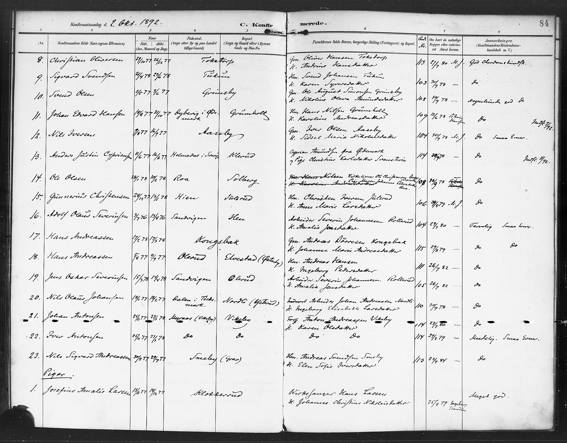 Rødenes prestekontor Kirkebøker, AV/SAO-A-2005/F/Fa/L0010: Ministerialbok nr. I 10, 1890-1900, s. 84