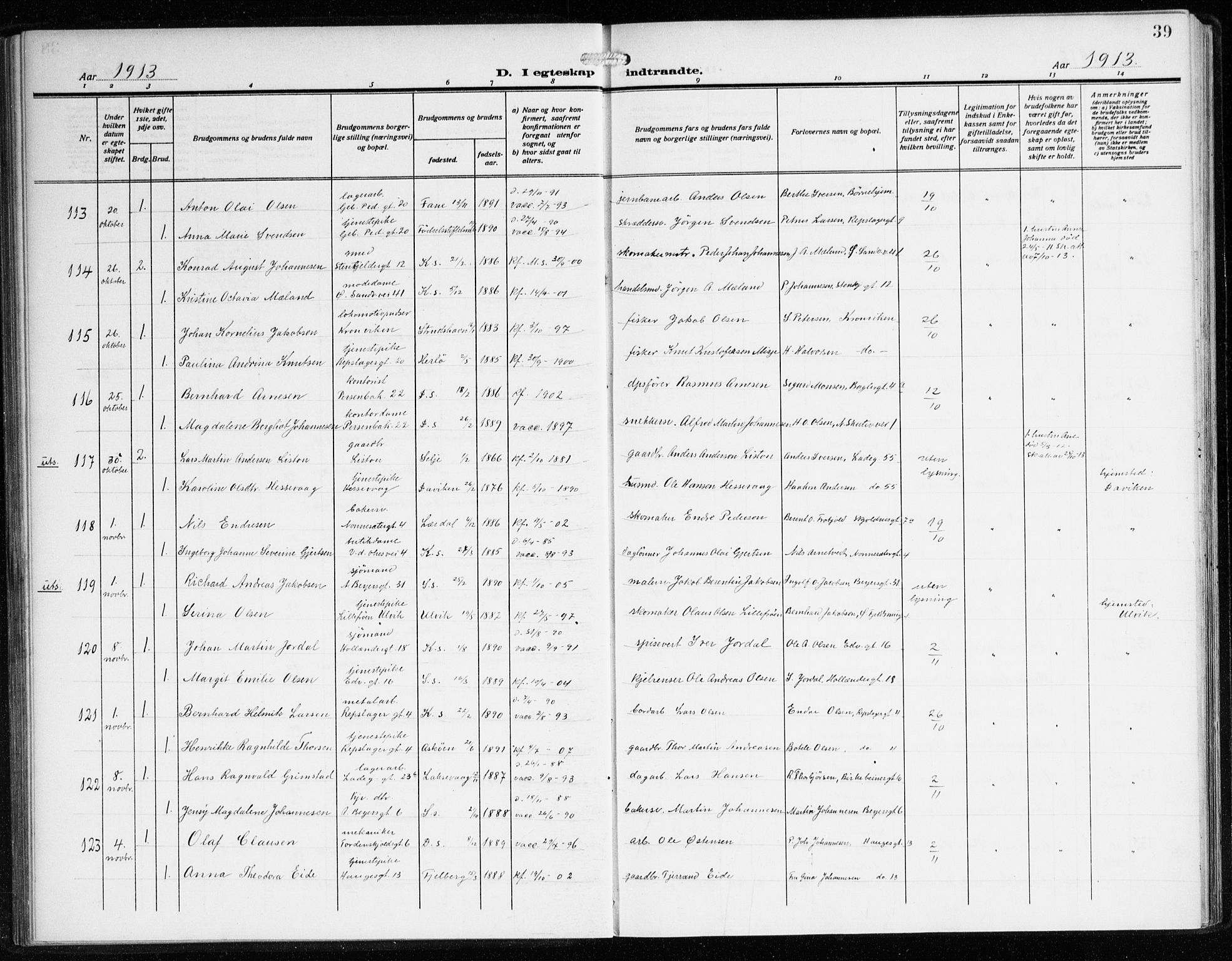 Sandviken Sokneprestembete, AV/SAB-A-77601/H/Ha/L0015: Ministerialbok nr. D 2, 1911-1923, s. 39