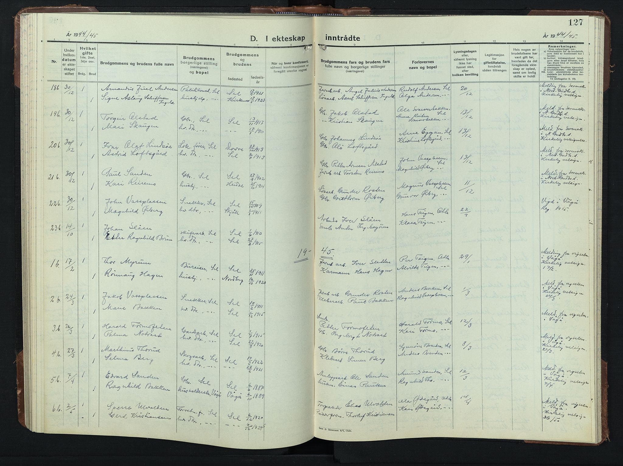 Sel prestekontor, SAH/PREST-074/H/Ha/Hab/L0003: Klokkerbok nr. 3, 1940-1951, s. 127