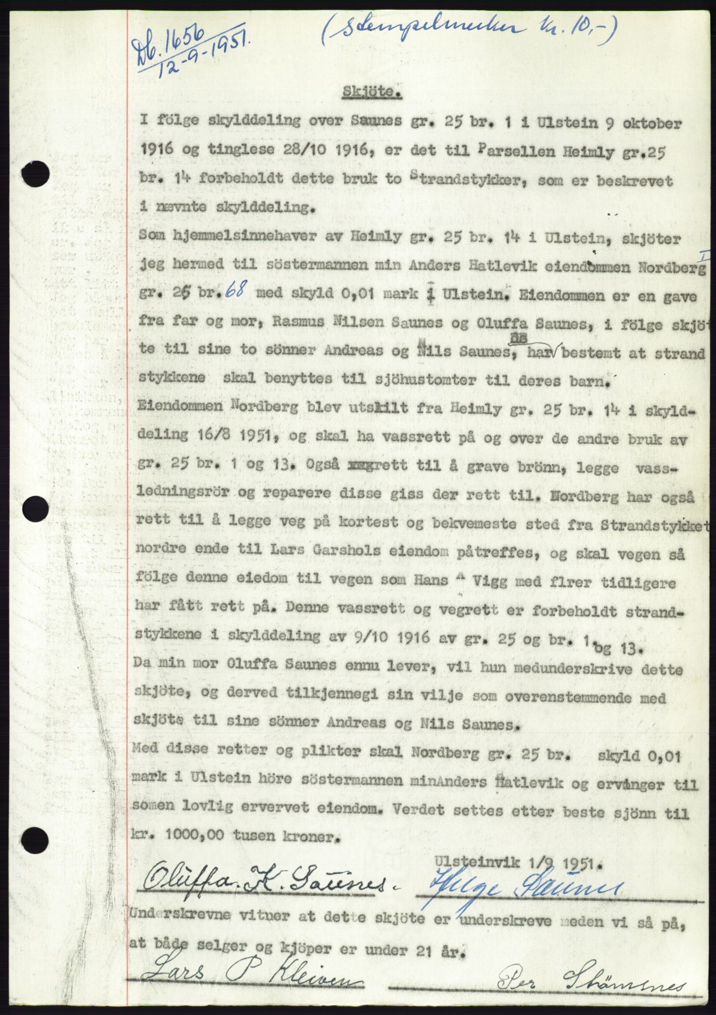 Søre Sunnmøre sorenskriveri, SAT/A-4122/1/2/2C/L0089: Pantebok nr. 15A, 1951-1951, Dagboknr: 1656/1951