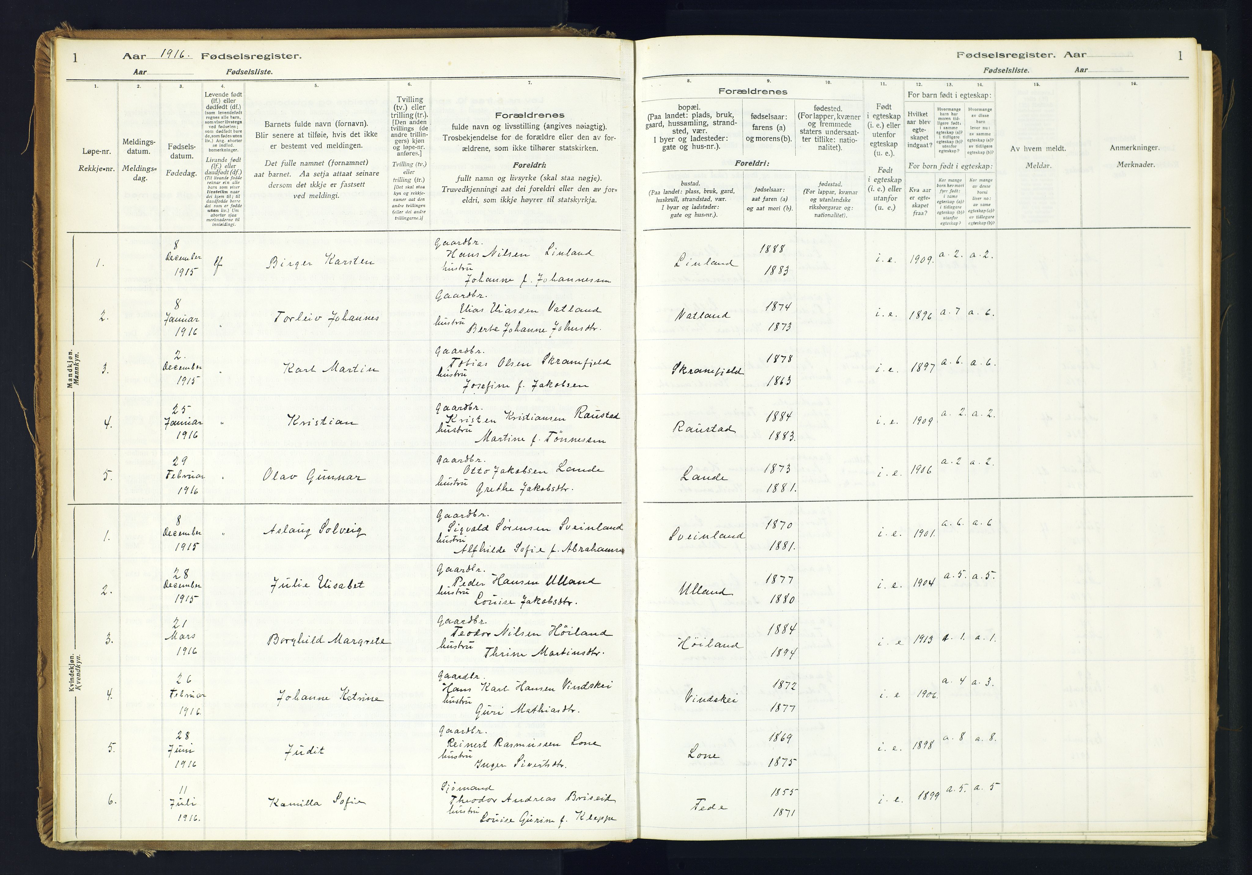 Kvinesdal sokneprestkontor, SAK/1111-0026/J/Ja/L0005: Fødselsregister nr. 5, 1916-1982, s. 1