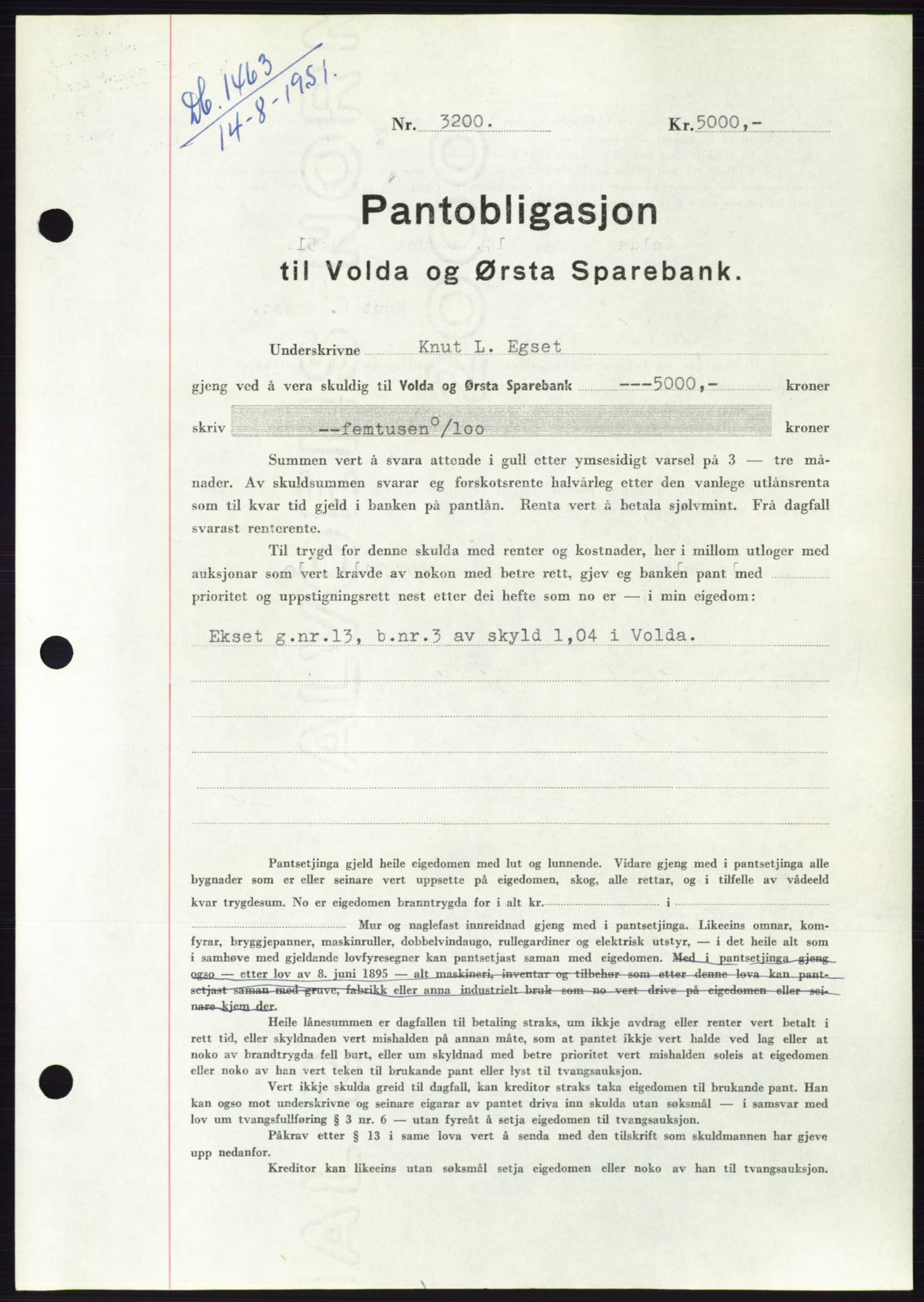 Søre Sunnmøre sorenskriveri, AV/SAT-A-4122/1/2/2C/L0120: Pantebok nr. 8B, 1951-1951, Dagboknr: 1463/1951